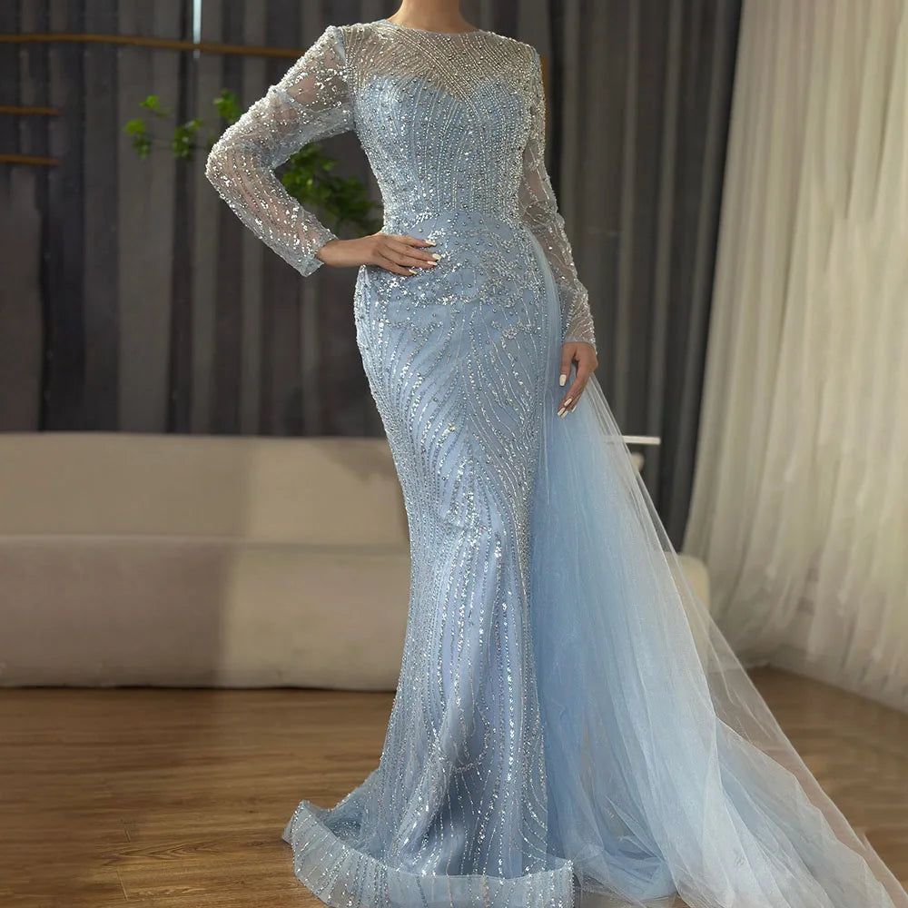 Luxury Dubai Caramel Beaded Mermaid Evening Gown with Overskirt - Arabic Formal Dress for Women - Elegant Long Prom Gown for Weddings, Galas & Special Occasions - LA71673A