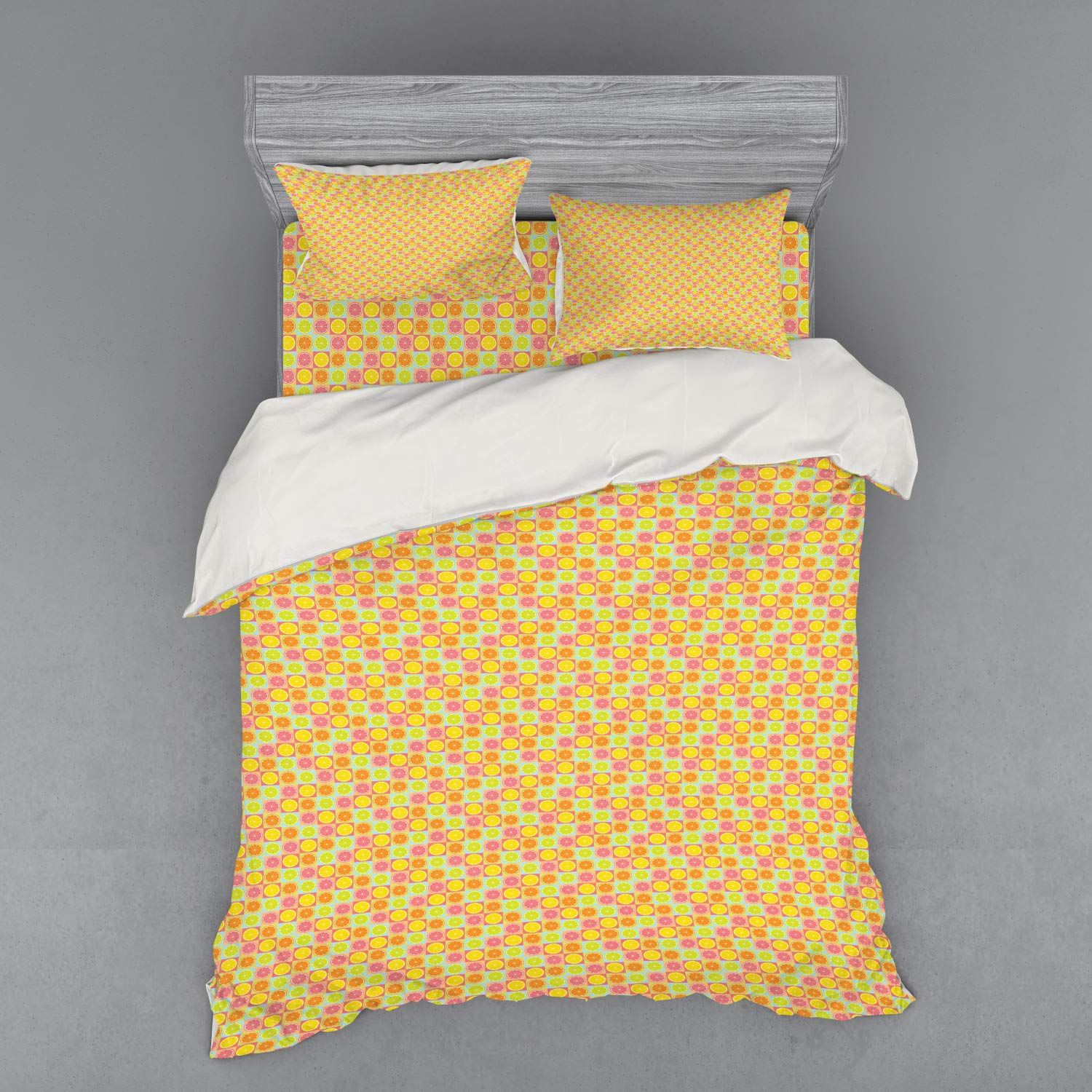 Ambesonne Citrus Fruits Bedding Set - 4 Piece Queen Duvet Cover with Shams & Fitted Sheet, Lemon Lime Grapefruit Orange Tangerine Pattern, Colorful Square Grid Design - Perfect for Summer Bedroom Decor & Guest Room Refresh