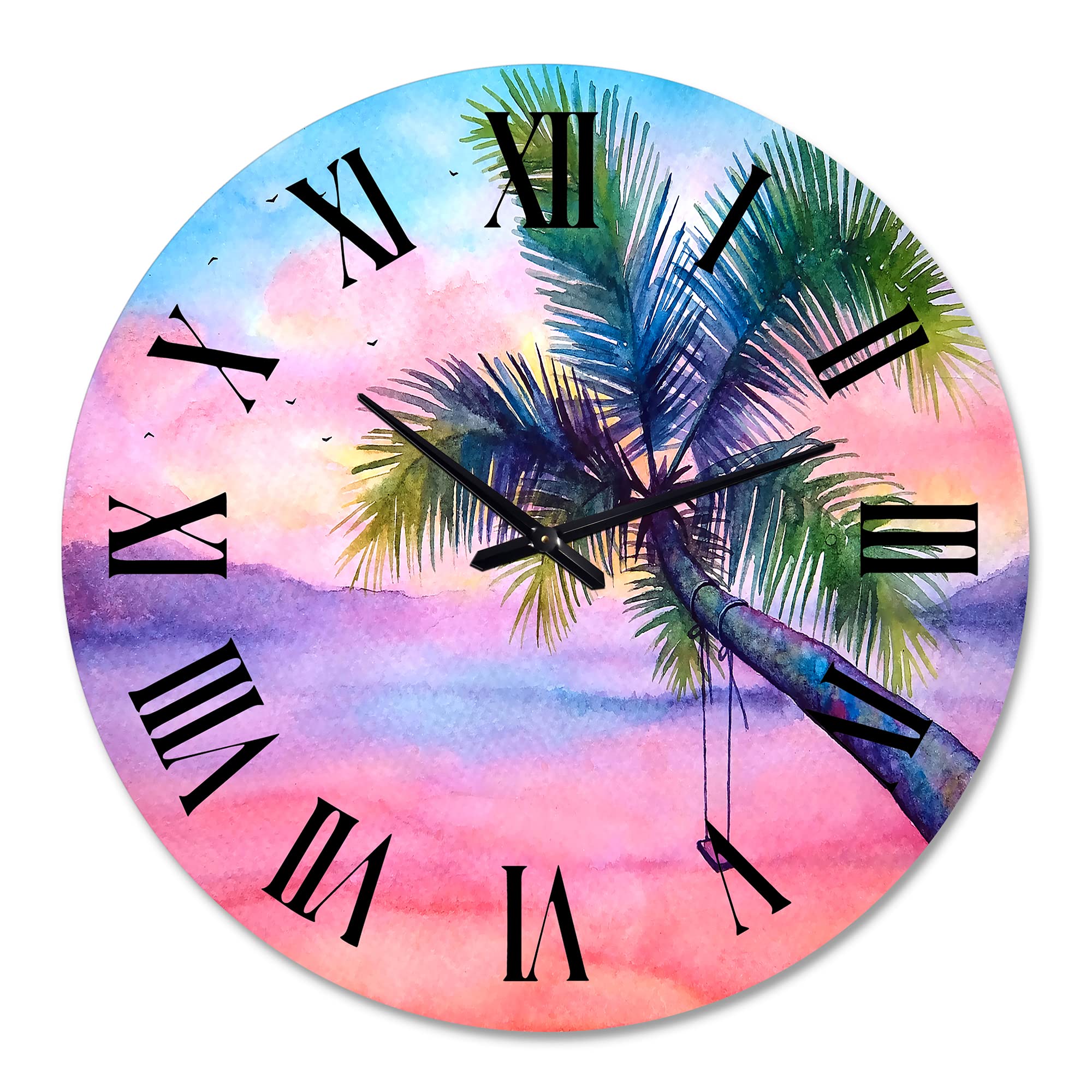 DesignQ Nautical Coastal Wall Clock - Pink Round Clock with Vivid Sunset Landscape, Palm Tree & Swing - Perfect for Living Room, Bedroom, or Beach House Decor
