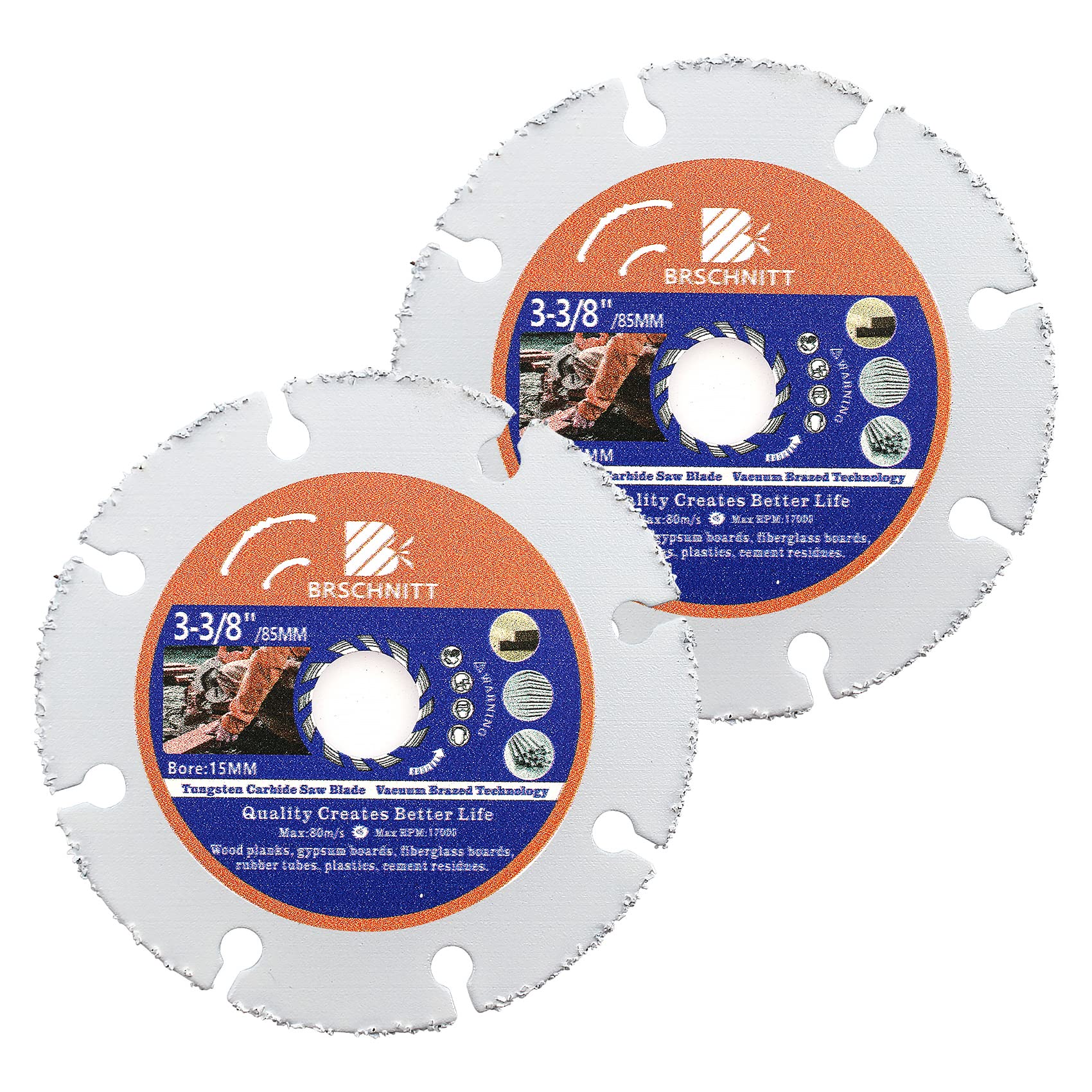 BRSCHNITT 2-Pack 3-3/8 Inch (85mm) Tungsten Carbide Cut Off Wheels with 3/5 Inch (15mm) Arbor - Premium Angle Grinder Discs for Cutting Wood, Laminate, Gypsum Board & Plastic - Perfect for DIY Projects, Home Renovations & Professional Construction Work