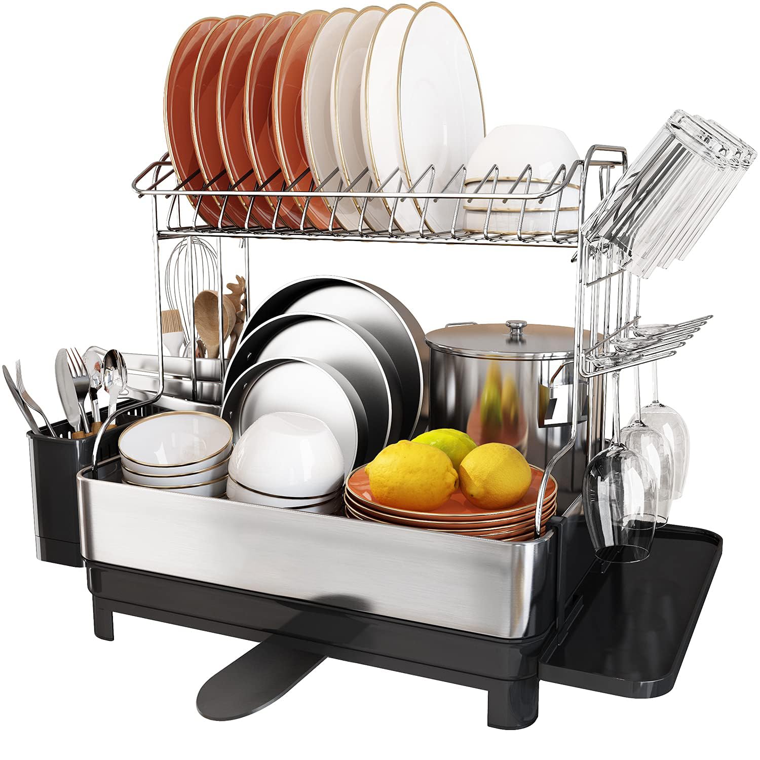 Romision 2-Tier Stainless Steel Dish Rack & Drainboard Set - Adjustable Drainage Spout, Utensil Holder & Cup Rack - Large Kitchen Counter Drying Rack with Water Tray - Perfect for Small Spaces, Apartments & Busy Kitchens
