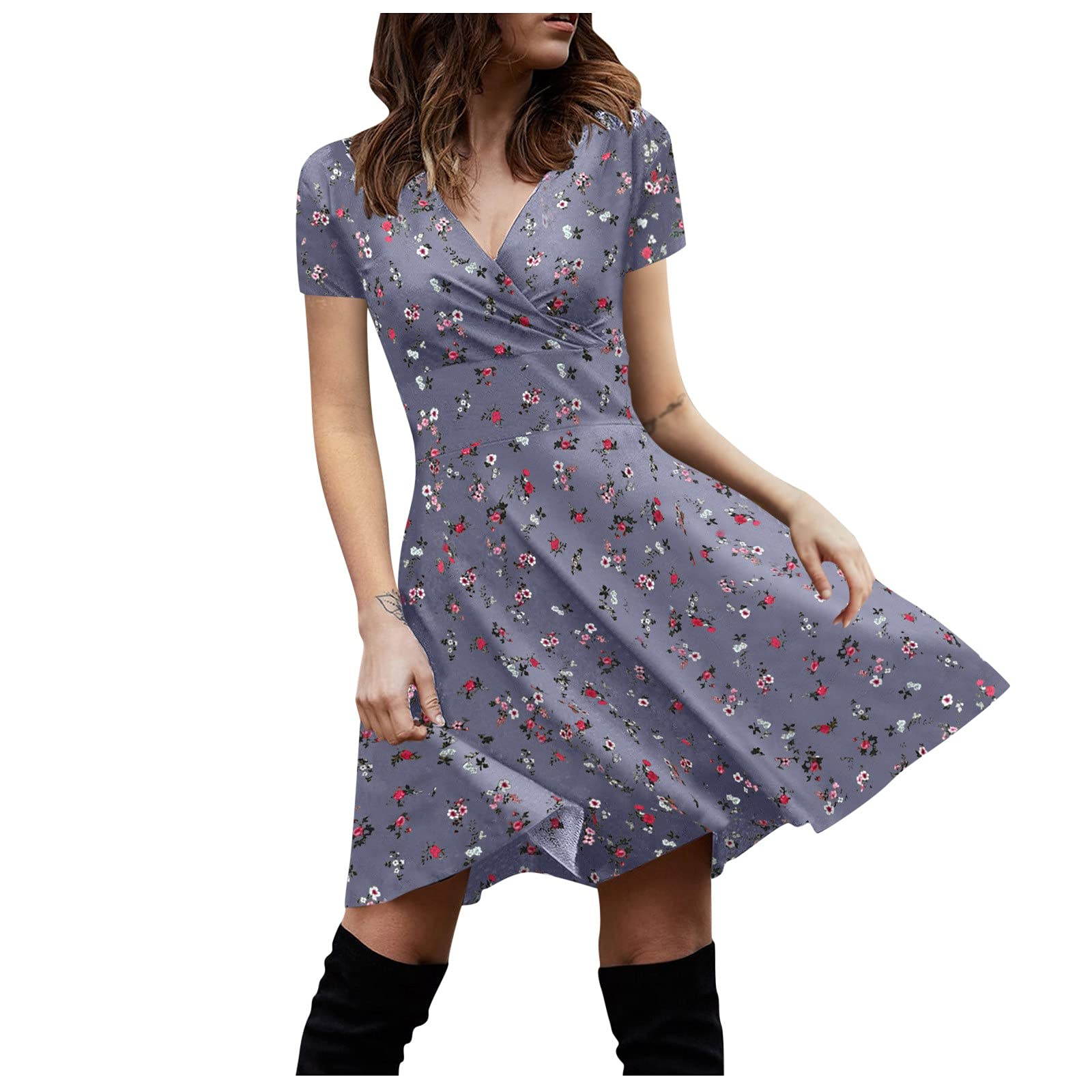 Elegant Retro V-Neck Short Sleeve Casual Dress for Women - Perfect for Club Parties, Date Nights & Summer Outings
