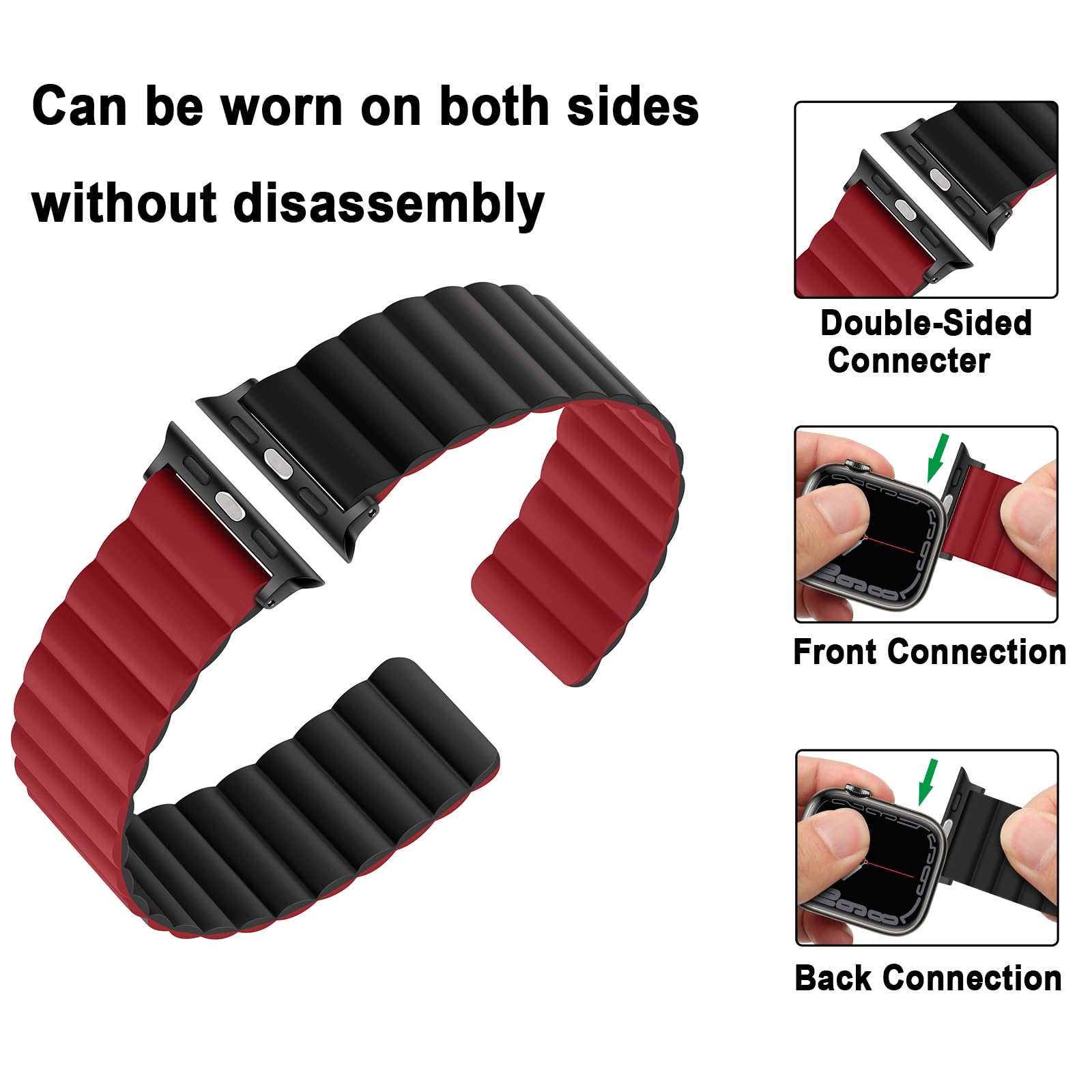 **Anlinser Magnetic Apple Watch Band Compatible with Series 10/9/8/7/SE/Ultra 2 (49/46/45/44/42/41/40mm) - Reversible Double-Side Strap with Loop - Red/Black - Perfect for Workouts, Running & Everyday Wear**