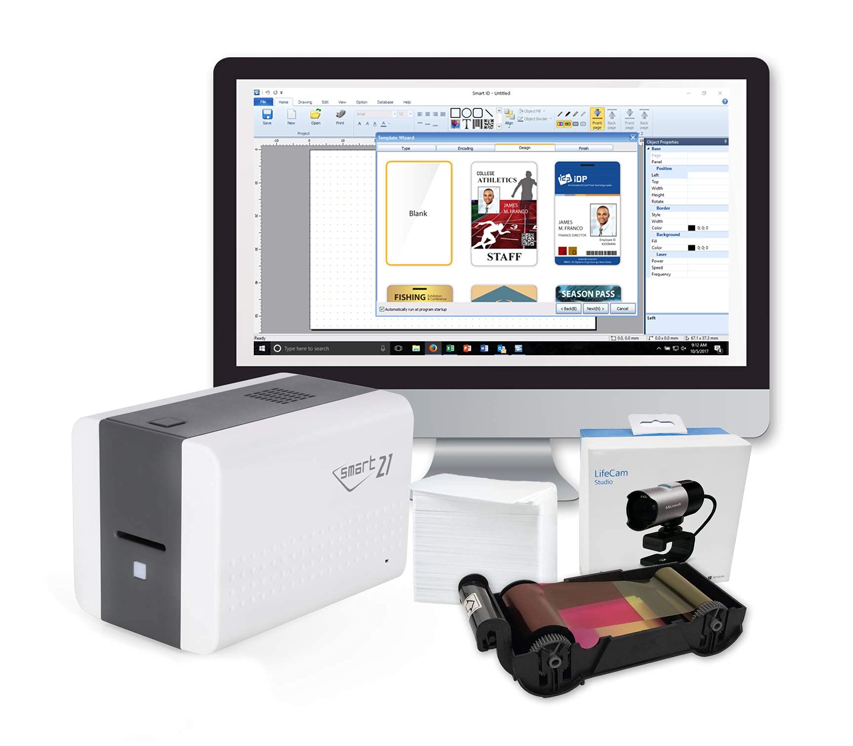 IDP SMART-21S ID Card Printer Bundle - Simplex Printing with PC Software, USB Camera, 100 YMCKO Color Ribbons & 100 PVC Cards for Office Security, School IDs, and Employee Badges