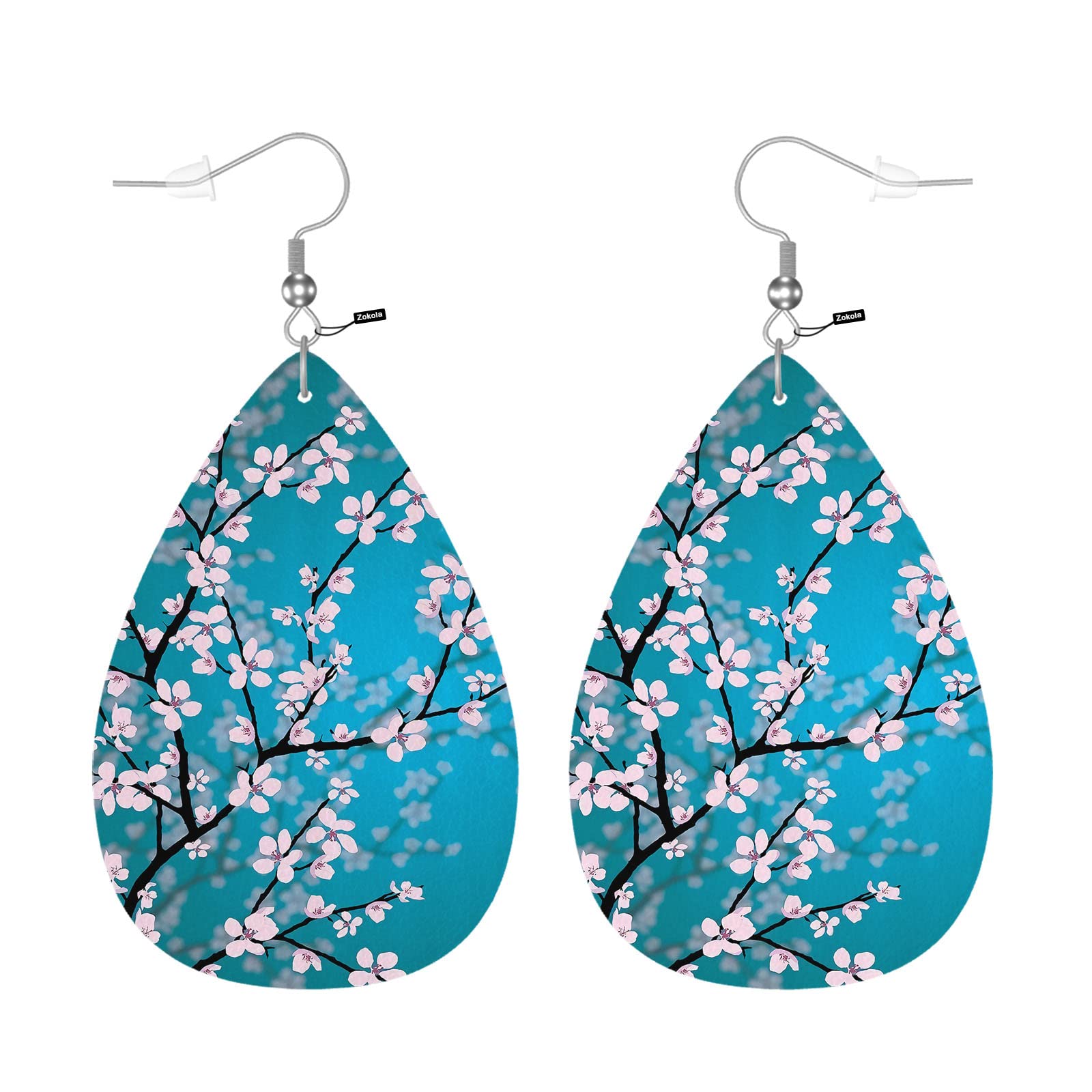 Zokola Cherry Blossom Teardrop Earrings for Women - Japanese Pink Sakura Flower Branch Double-Sided Dangle Earrings - Lightweight Faux Leather Jewelry - Perfect for Spring Fashion, Cherry Blossom Festival, and Everyday Wear