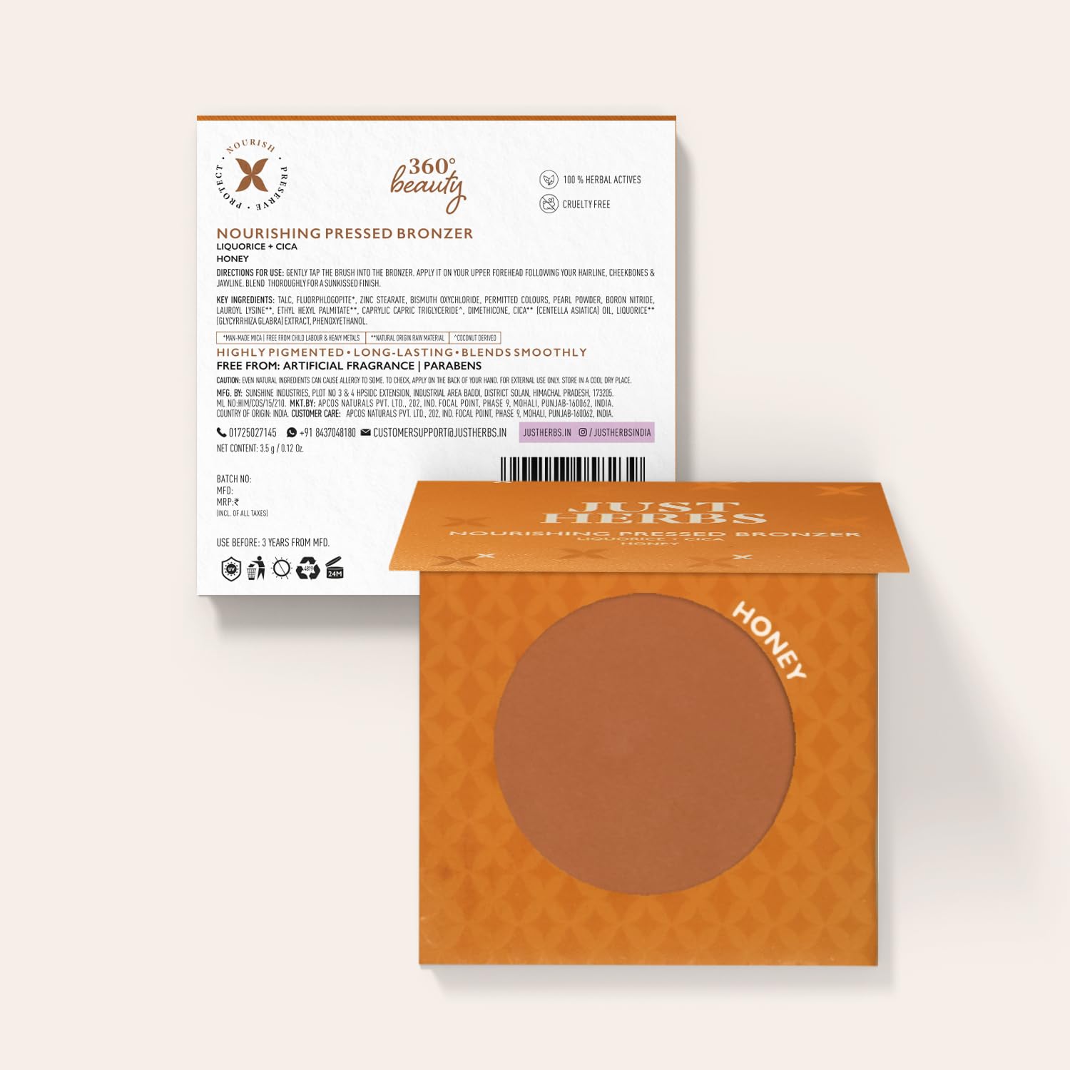Just Herbs Nourishing Pressed Bronzer with Liquorice & Cica - 3.5g Honey Shade | Face Contouring & Highlighting Makeup | Perfect for Daily Wear & Special Occasions