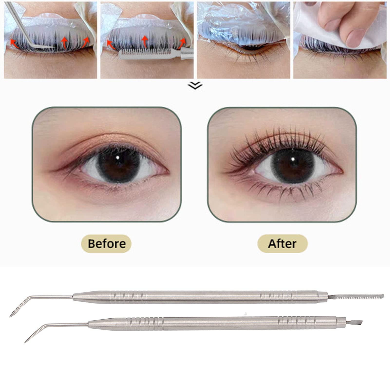 2 Pcs Stainless Steel Eyelash Lift Perm & Tint Tool Set - Lash Separator & Curling Rods for Professional Eyebrow & Eyelash Styling - Perfect for Salon, Home Use & Daily Makeup (Silver)