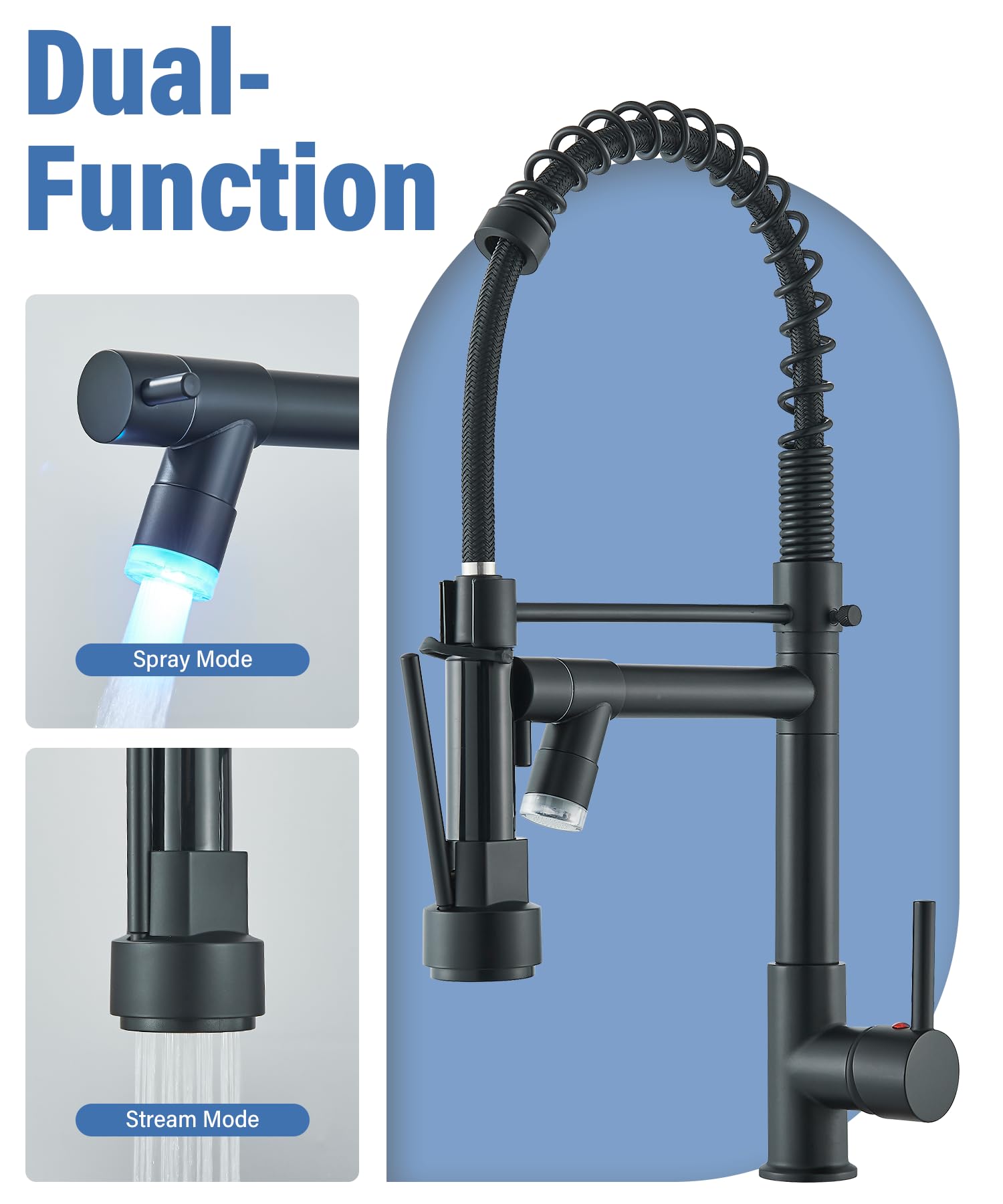 NeierThodore LED Kitchen Faucet - Stainless Steel Single Handle Single Hole Sink Faucet with Pull Down Sprayer, Matte Black Finish - Perfect for Modern Kitchens & Bar Sinks