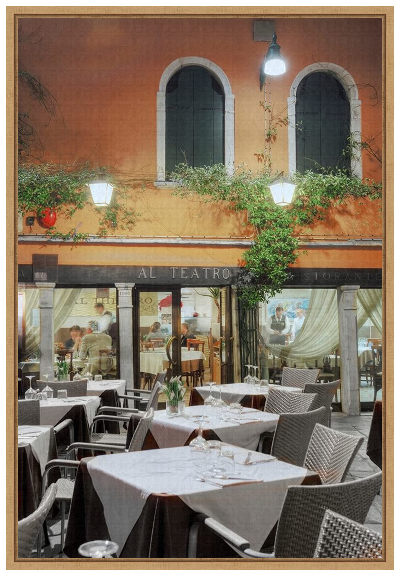 Amanti Art Framed Canvas Wall Art 23x16 - 'Al Teatro Cafe-Venezia' by Alan Blaustein, Modern Architecture Artwork for Living Room & Bedroom Decor | Premium Framed Canvas Painting for Home & Office Wall Decor