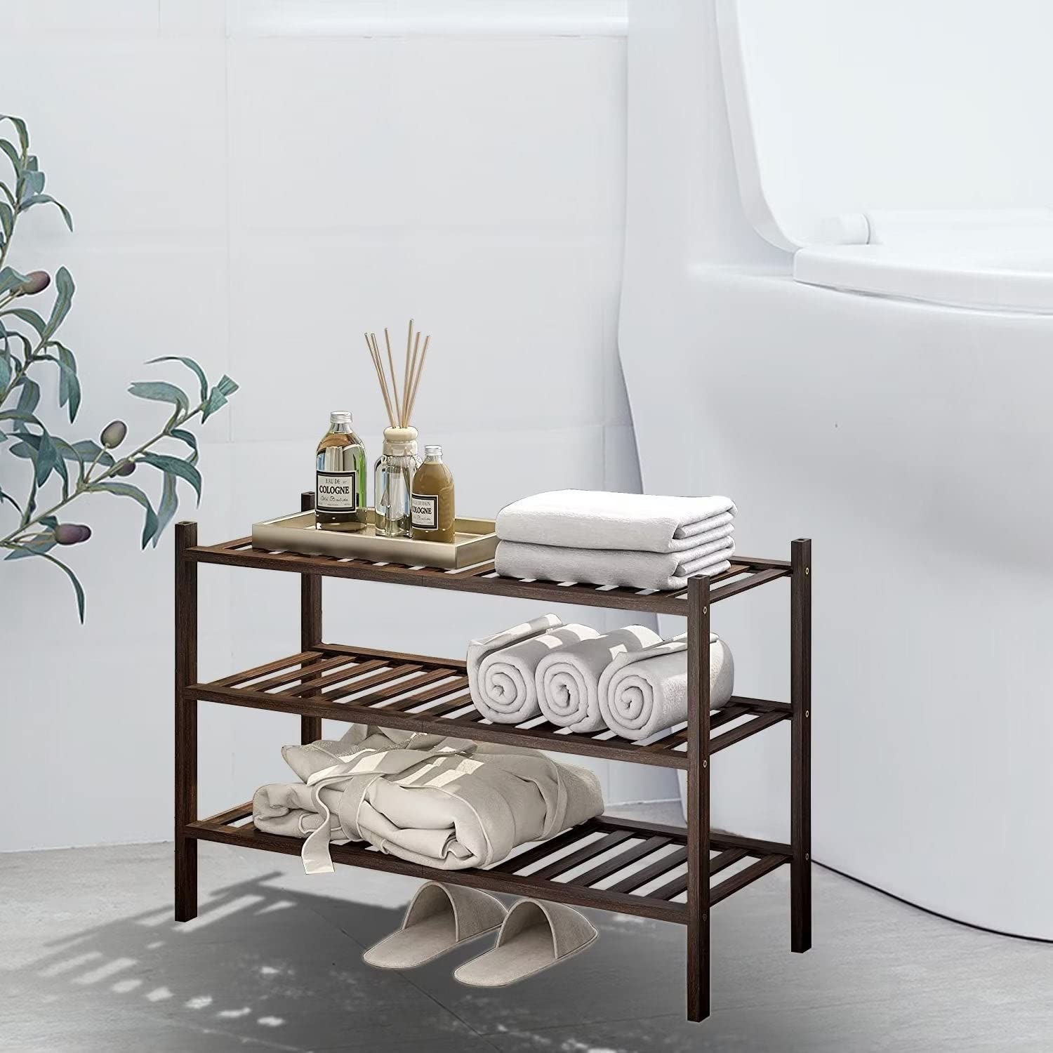 Premium 3-Tier Stackable Wooden Shoe Rack Organizer - Space Saving Shoe Storage Shelf for Hallway, Closet, Bathroom & Living Room - Sturdy Brown Stackable Design for Shoes, Boots & Sandals - Perfect for Small Spaces & Home Organization