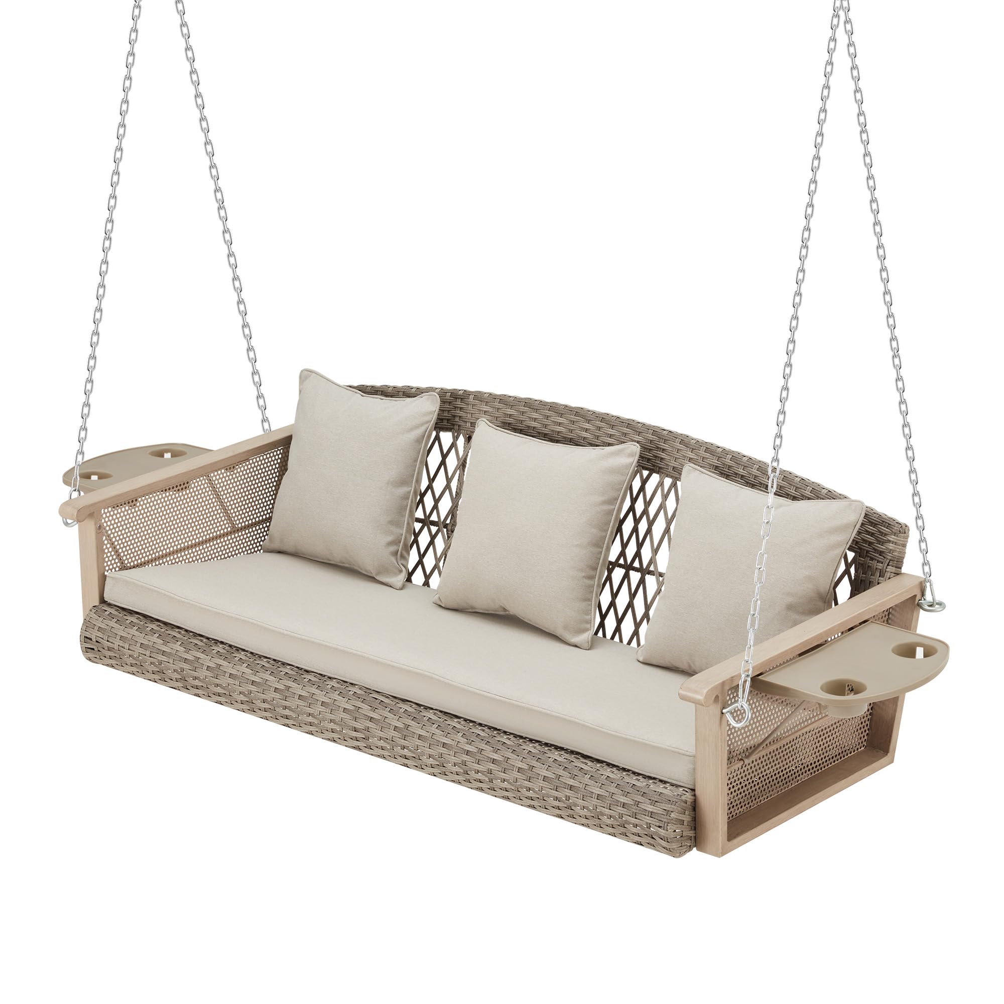HOMREST 55 Inch 3-Person Wicker Porch Swing with Upgraded Cup Holders & Cushions - 900lbs Capacity Patio Hanging Bench Chair with Chains for Deck, Garden, Backyard - Perfect for Outdoor Relaxation & Entertaining (Beige)