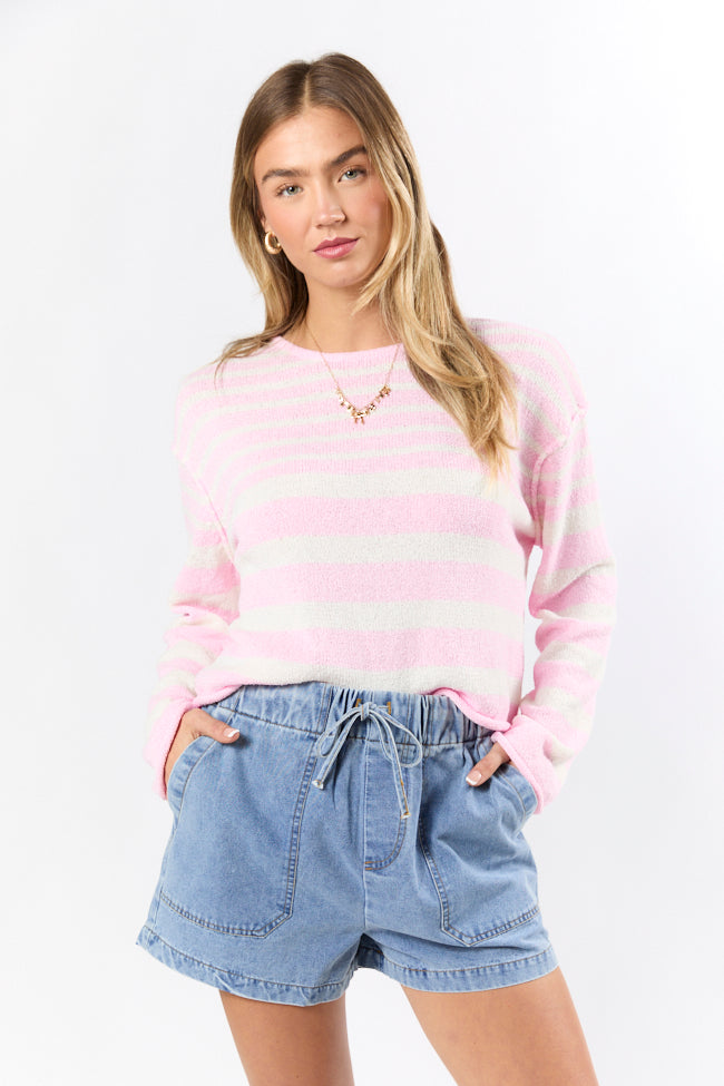 Stylish Pink Lightweight Striped Sweater for Women - Trendy Knit Pullover for Casual Outfits & Fall Layering