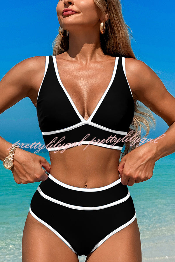High Waist Solid Color Contrast Stretch Bikini Swimsuit - Sexy & Comfortable Swimwear for Beach, Pool & Summer Vacation