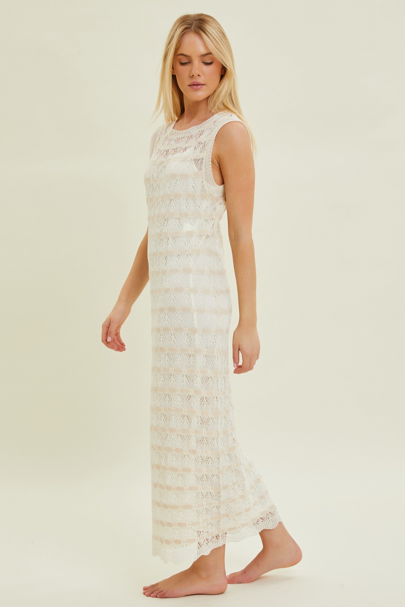 Beige Crochet Knit Sleeveless Midi Dress for Women - Summer Boho Beach Dress, Casual Sundress for Vacation, Party & Date Night