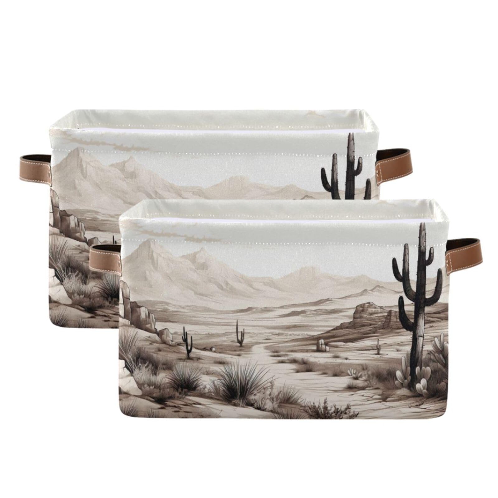 Vintage Desert View Foldable Canvas Storage Baskets - 2 Pack Rectangle Fabric Organizer Boxes with Handles for Home, Office, Closet & Shelves | Perfect for Clothes Storage, Home Decor & Organization