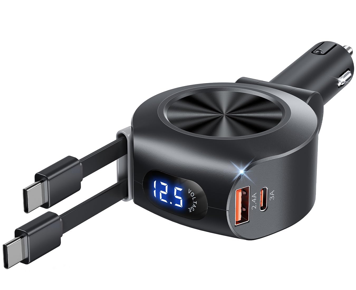 KOOPAO 69W 4-in-1 Retractable Car Charger with Dual USB-C Cables - Fast Charging Adapter for iPhone 16/15/14/13/12/11/Pro Max, Samsung Galaxy - Perfect for Road Trips & Daily Commutes