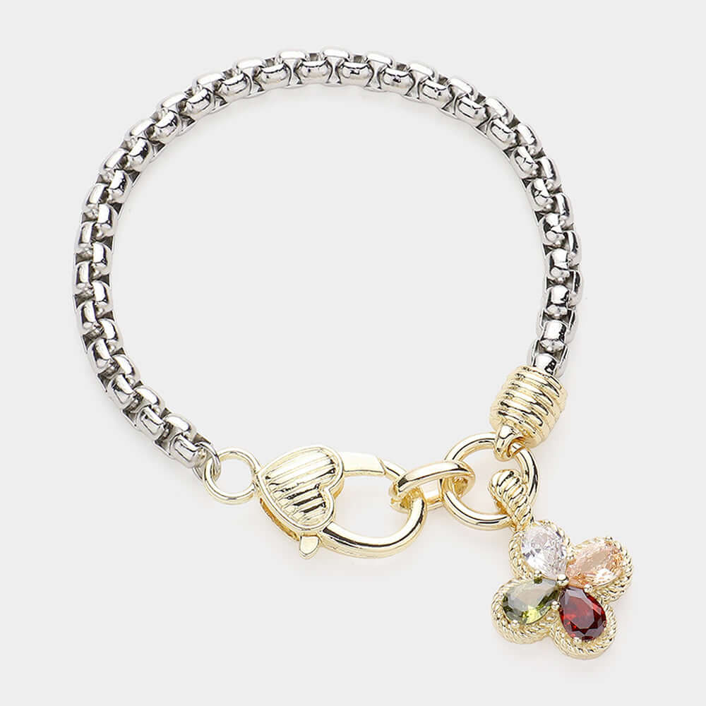 14K Gold Plated Two Tone CZ Stone Clover Charm Bracelet for Women - Elegant Four Leaf Clover Jewelry Gift for Birthday, Anniversary & Everyday Wear