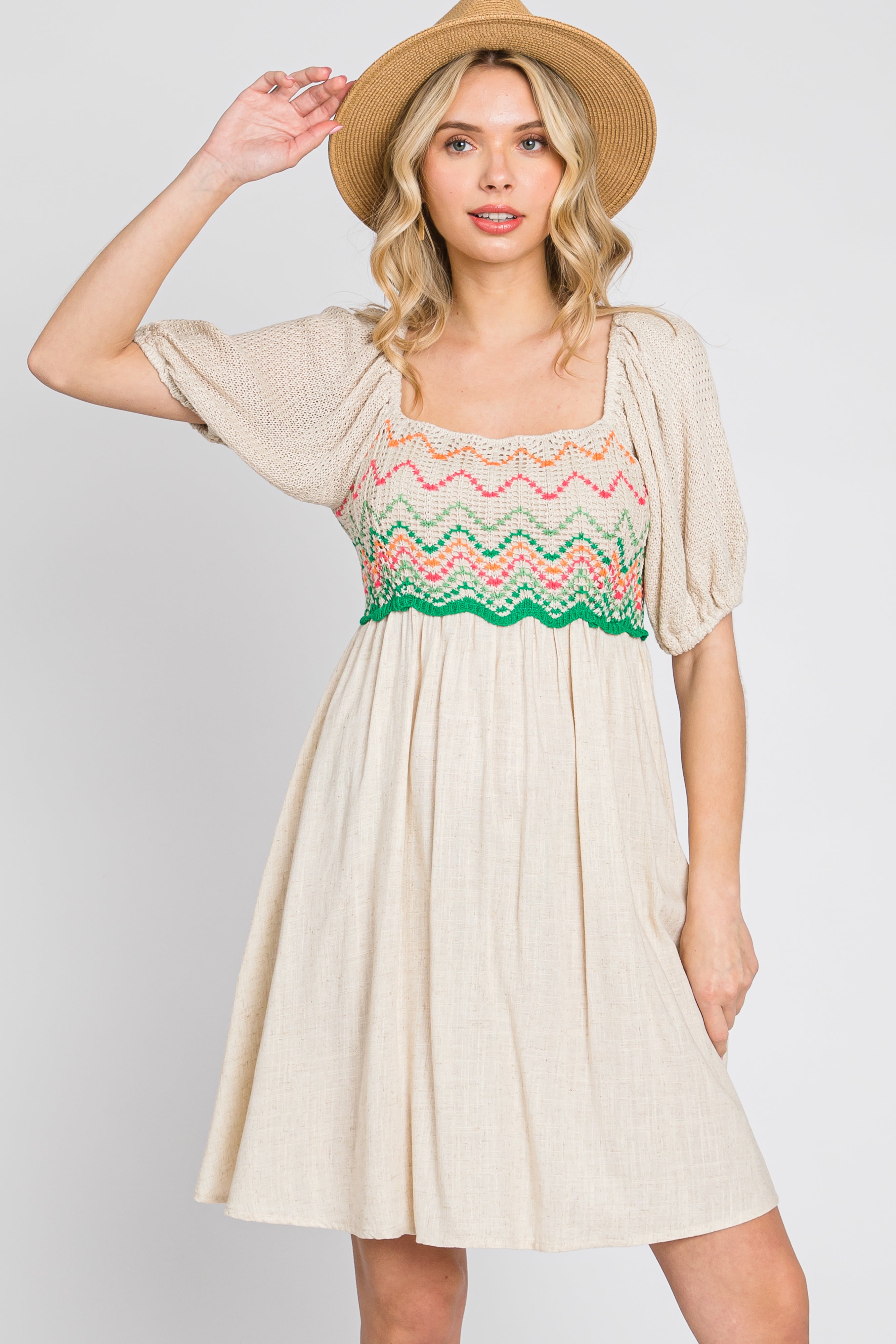 Beige Crochet Puff Sleeve Summer Dress for Women - Boho Chic Lace Midi Dress for Beach, Wedding & Vacation