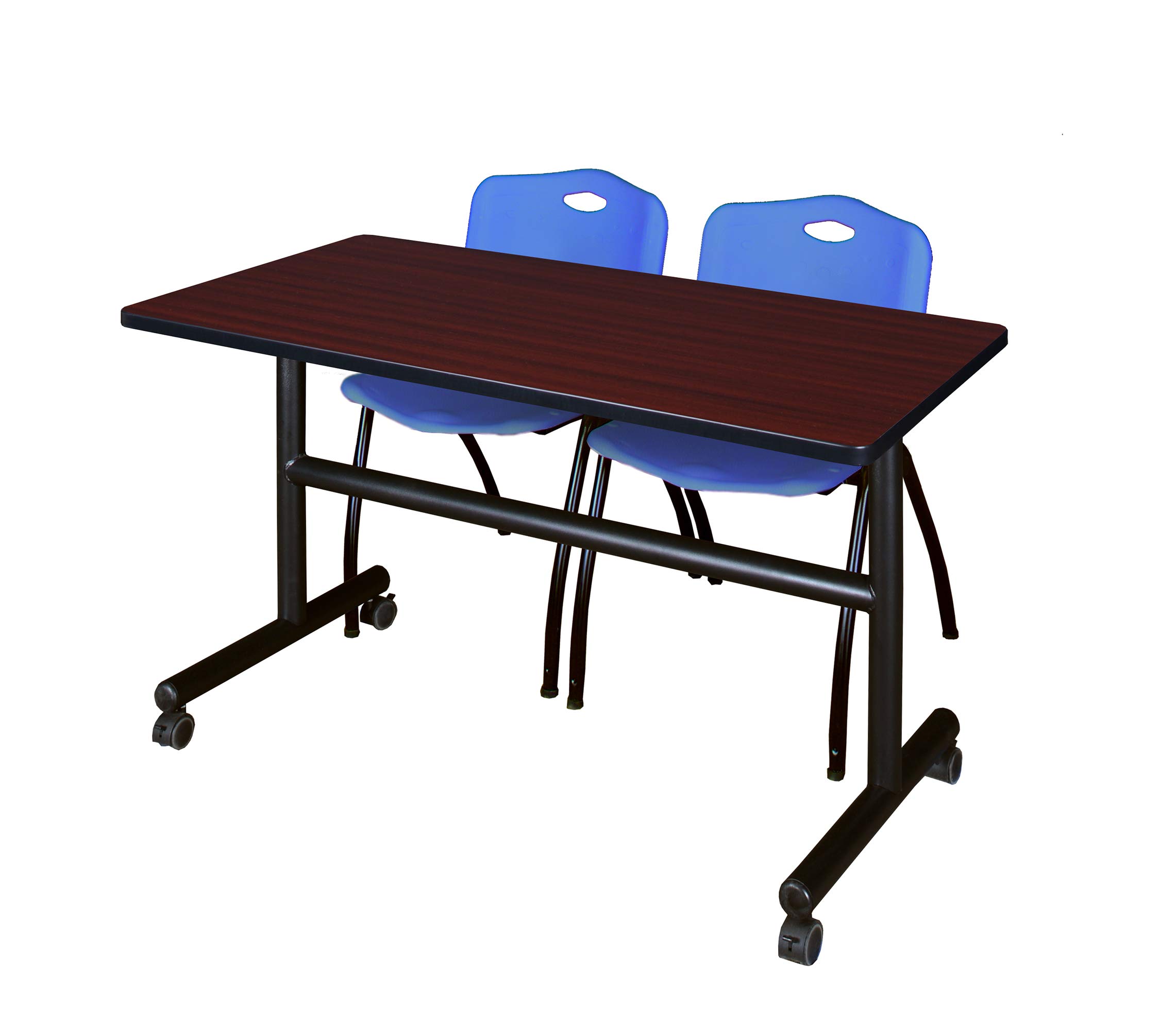 Kobe 48 Inch Flip Top Mobile Training Table with 2 Stackable Chairs - Mahogany Finish & Blue Upholstery - Perfect for Classrooms, Offices, and Conference Rooms