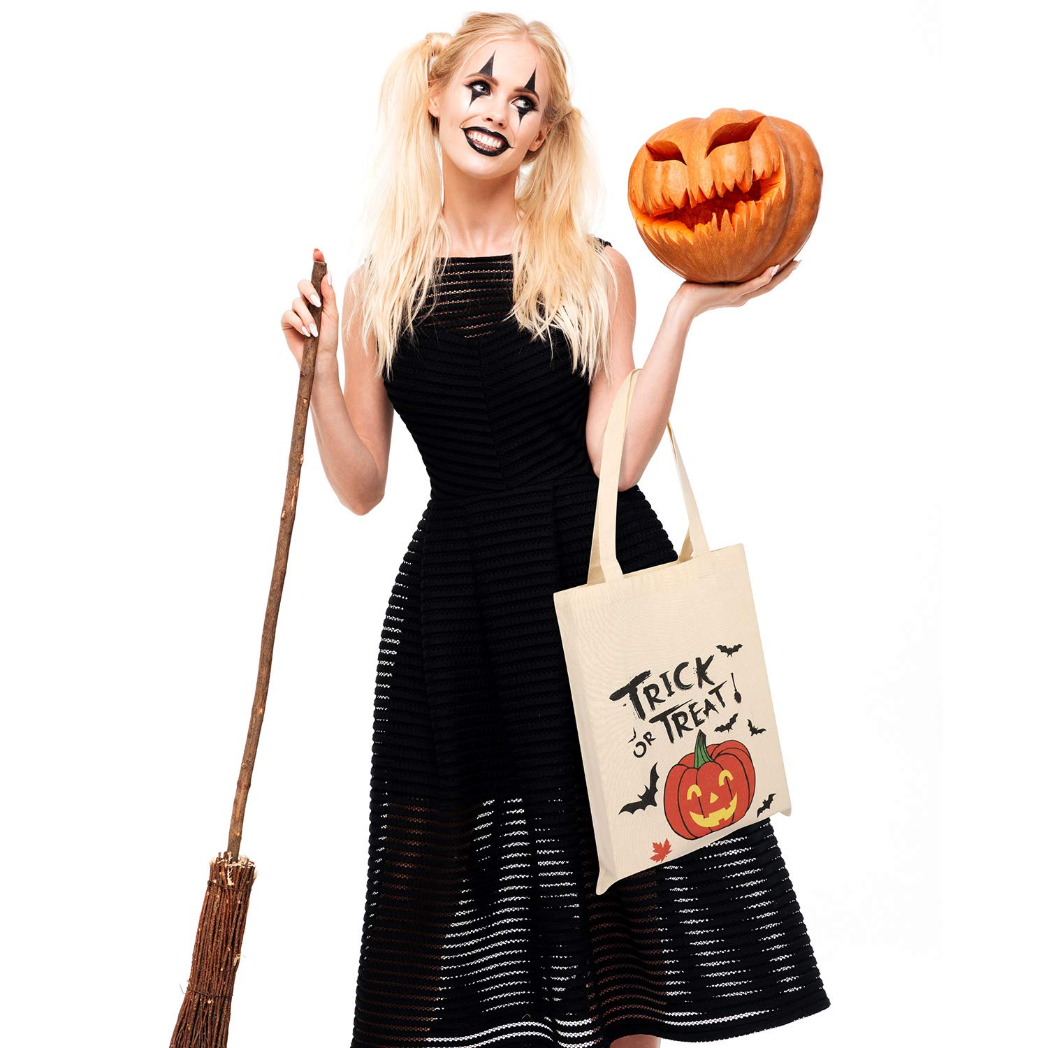 Frienda 4-Piece Halloween Trick or Treat Bags Set - 10.63'' Reusable Canvas Tote Bags with Pumpkin & Ghost Designs for Halloween Parties, Trick-or-Treating, Grocery Shopping & Everyday Use
