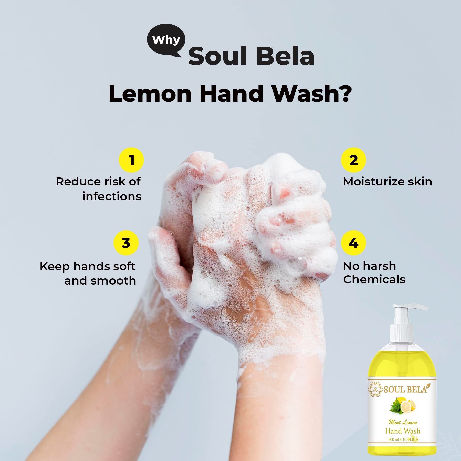 Soul Bela Mint Lemon Hand Wash with Lemon Extract & Mint - Antibacterial & Moisturizing for Soft Hands - 300ml (Pack of 1) | Perfect for Kitchen, Bathroom & Office Use