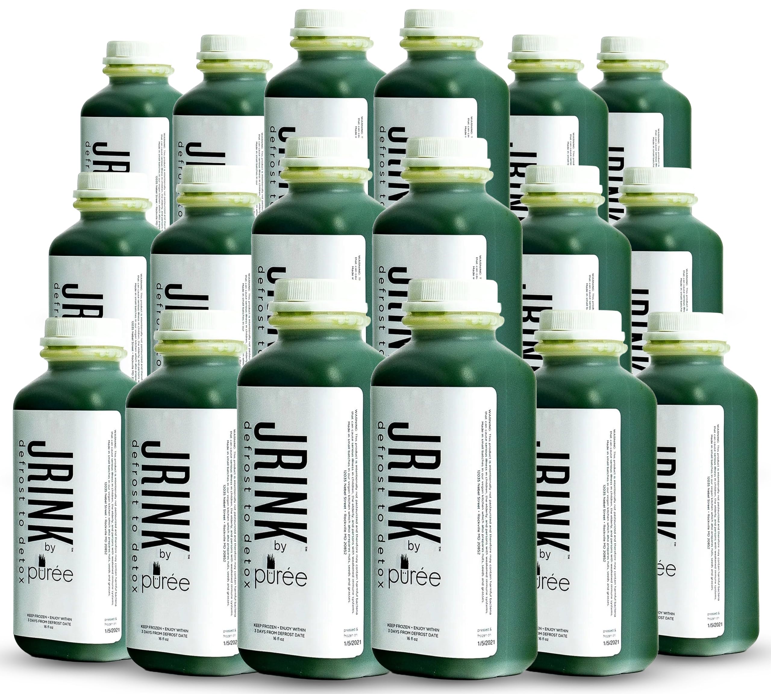 JRINK by Purée Daily Green Juice - Cold Pressed 100% Organic Raw Fruits & Vegetables Juice, No Preservatives, Freshly Juiced-To-Order, 18 Pack 16oz HDPE Bottles - Perfect for Detox, Energy Boost & Healthy Lifestyle