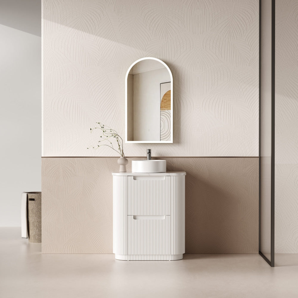 Aulic 750mm Curved Floor Standing Vanity with Solid Surface Alpine Top - Modern Bathroom Sink Cabinet for Small Spaces CA57 750 ST86FT