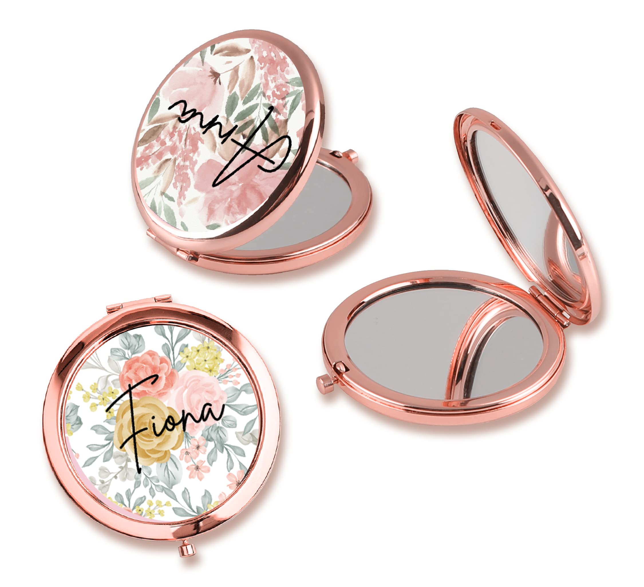 Personalized Floral Compact Mirror - Rose Gold Bridesmaid Gift for Travel & Weddings