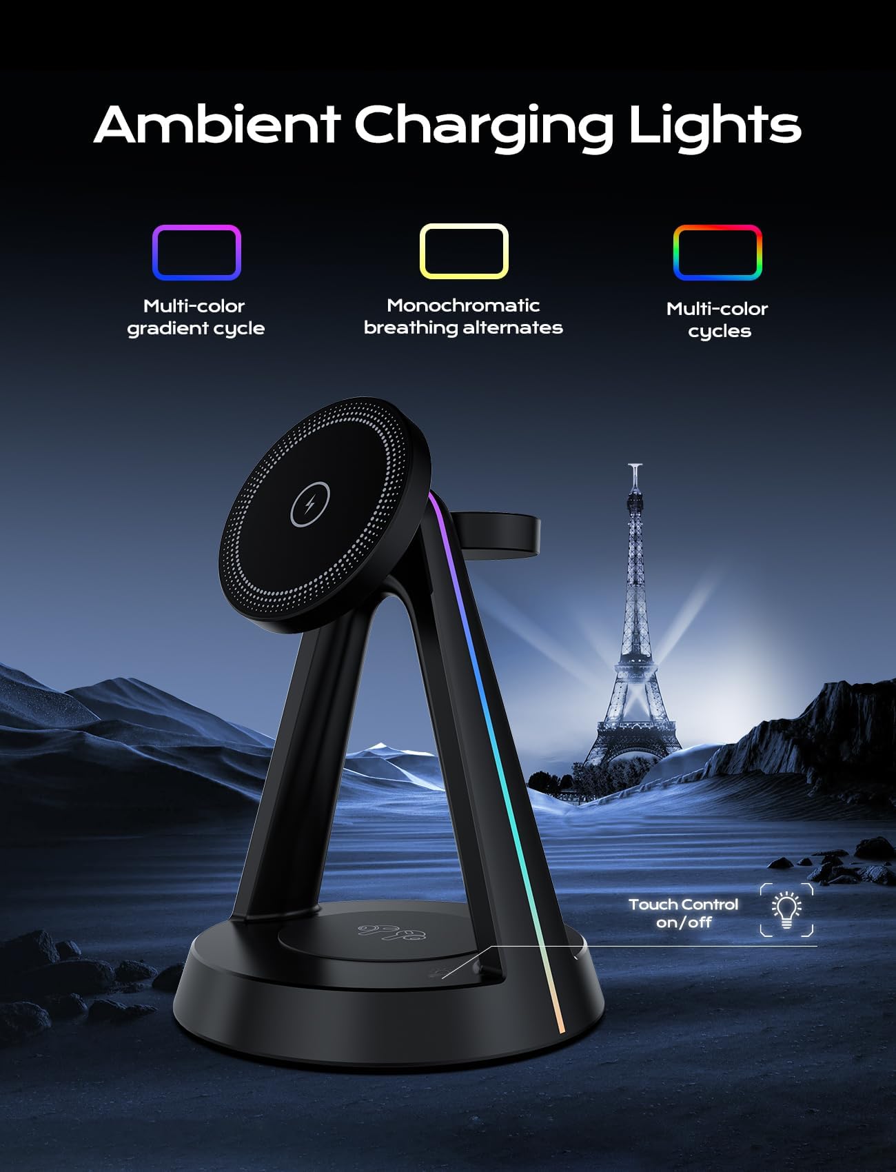 DGPLUS Magnetic 3-in-1 Wireless Charging Station with RGB Lights - Fast Charger for iPhone 16/15/14/13/12 Series, Apple Watch 9/8/7/SE, AirPods Pro - Multi-Device Charging Stand with MagSafe for Bedroom, Office & Travel