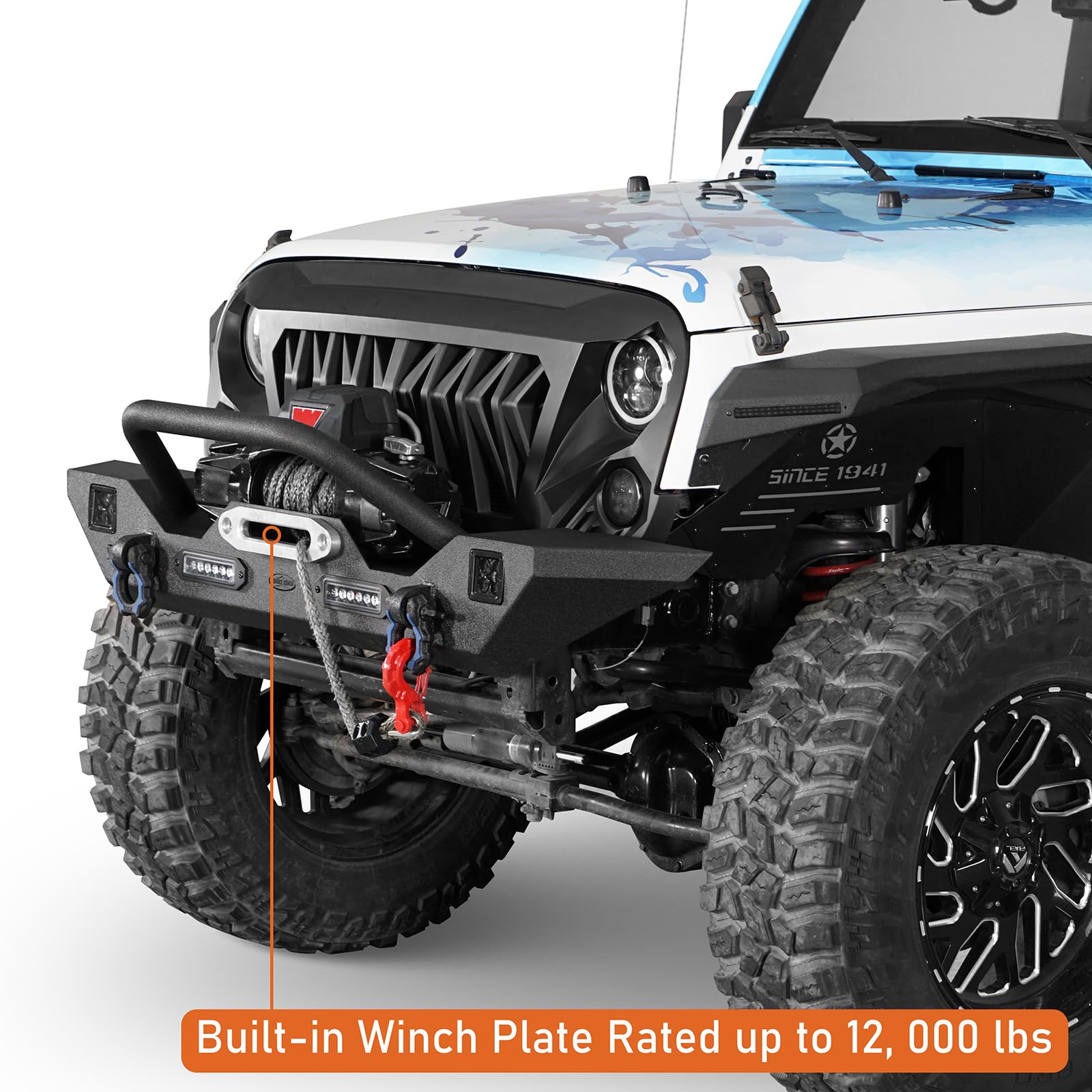 Hooke Road Jeep Wrangler JK Rear Bumper with Tire Carrier & Front Bumper Combo Kit for 2007-2018 Jeep Wrangler JK & Unlimited 2/4 Door Models - Off-Road Protection & Adventure Ready