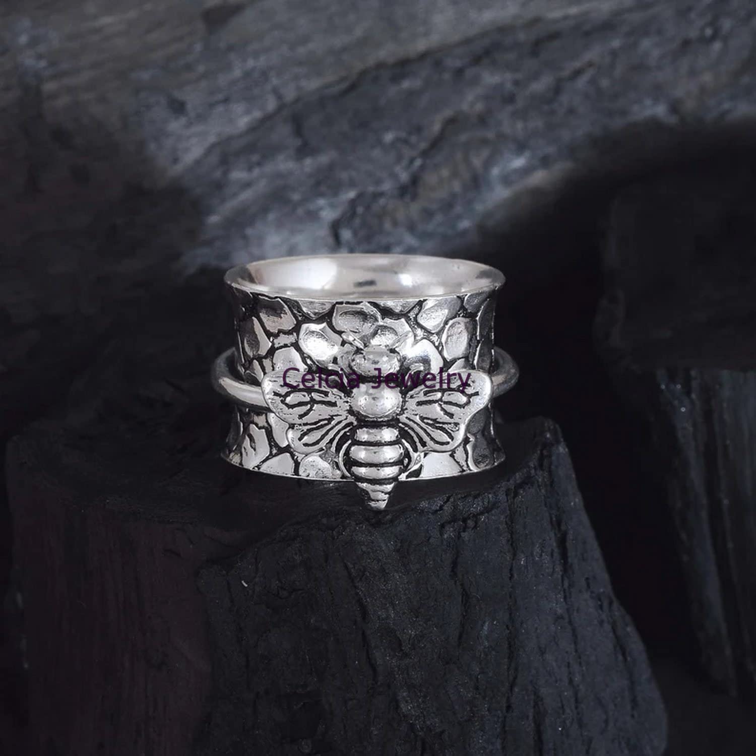 925 Sterling Silver Honey Bee Spinner Ring - Anxiety Relief & Meditation Fidget Ring for Stress Relief - US Size 7 - Perfect for Office, Travel & Daily Wear