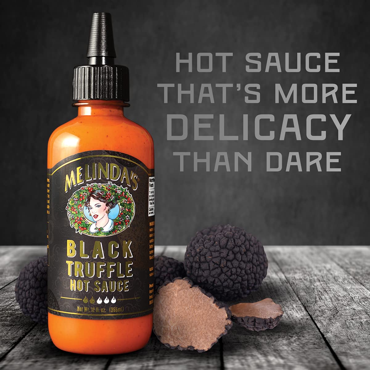 Melinda's Black Truffle Hot Sauce - Premium Gourmet Hot Sauce with Italian Black Truffles, Cayenne Peppers, Garlic & Colombian Honey - Keto Friendly, Sugar Free, Low Carb - 12 oz Bottle - Perfect for Pizza, Pasta, Steak & Charcuterie Boards