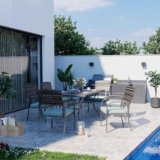 7-Piece Pamapic Patio Dining Set - Outdoor Wicker Furniture with Iron Slat Table & Removable Green Cushions for Backyard, Garden, Deck, Poolside | Perfect for Outdoor Entertaining & Al Fresco Dining