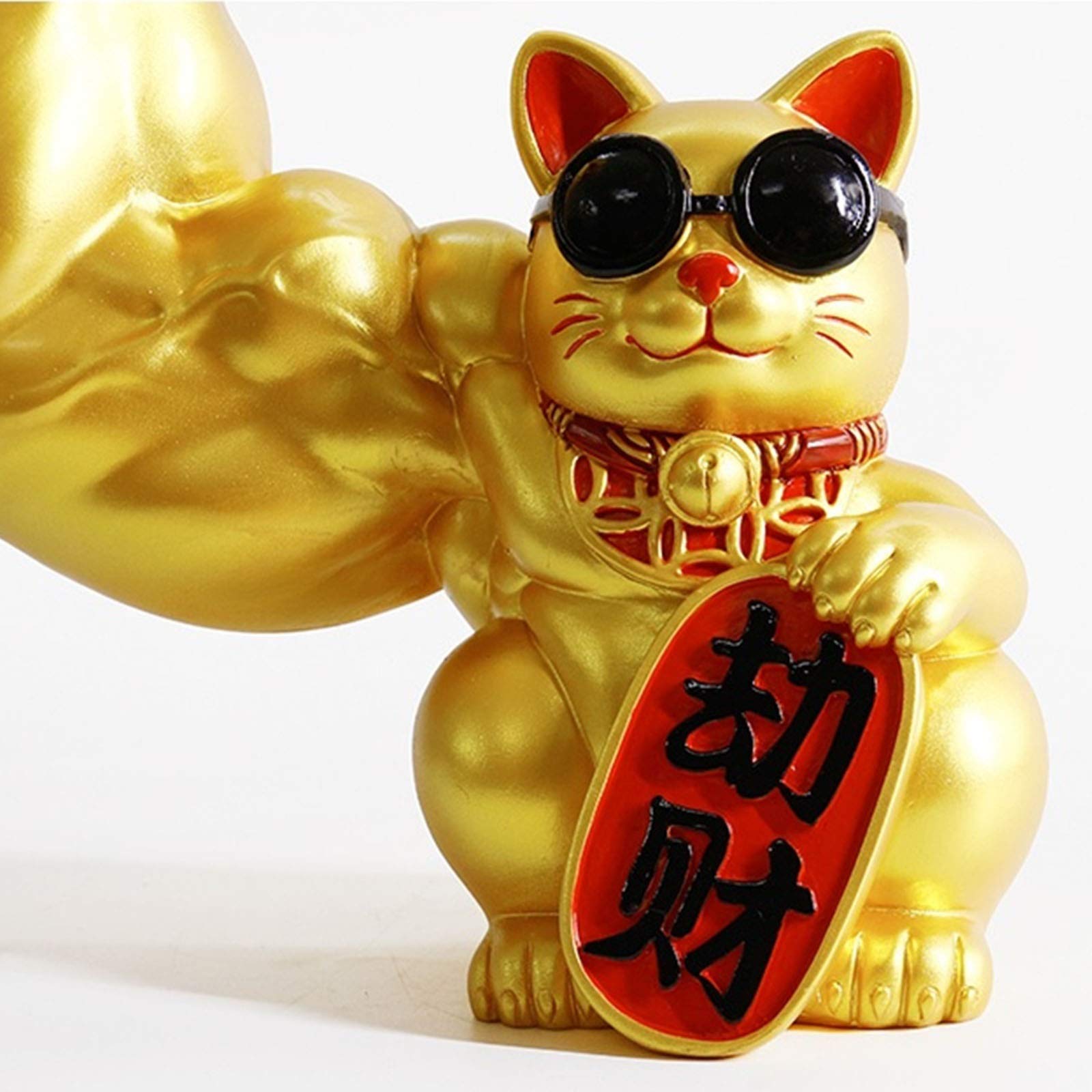 Gold Lucky Cat Statue - Fortune Welcoming Wealth Decoration for Home & Office | Strong Giant Arm Muscle Arm Opening Gift | Perfect for Feng Shui, Desk Decor & Good Luck Gifts