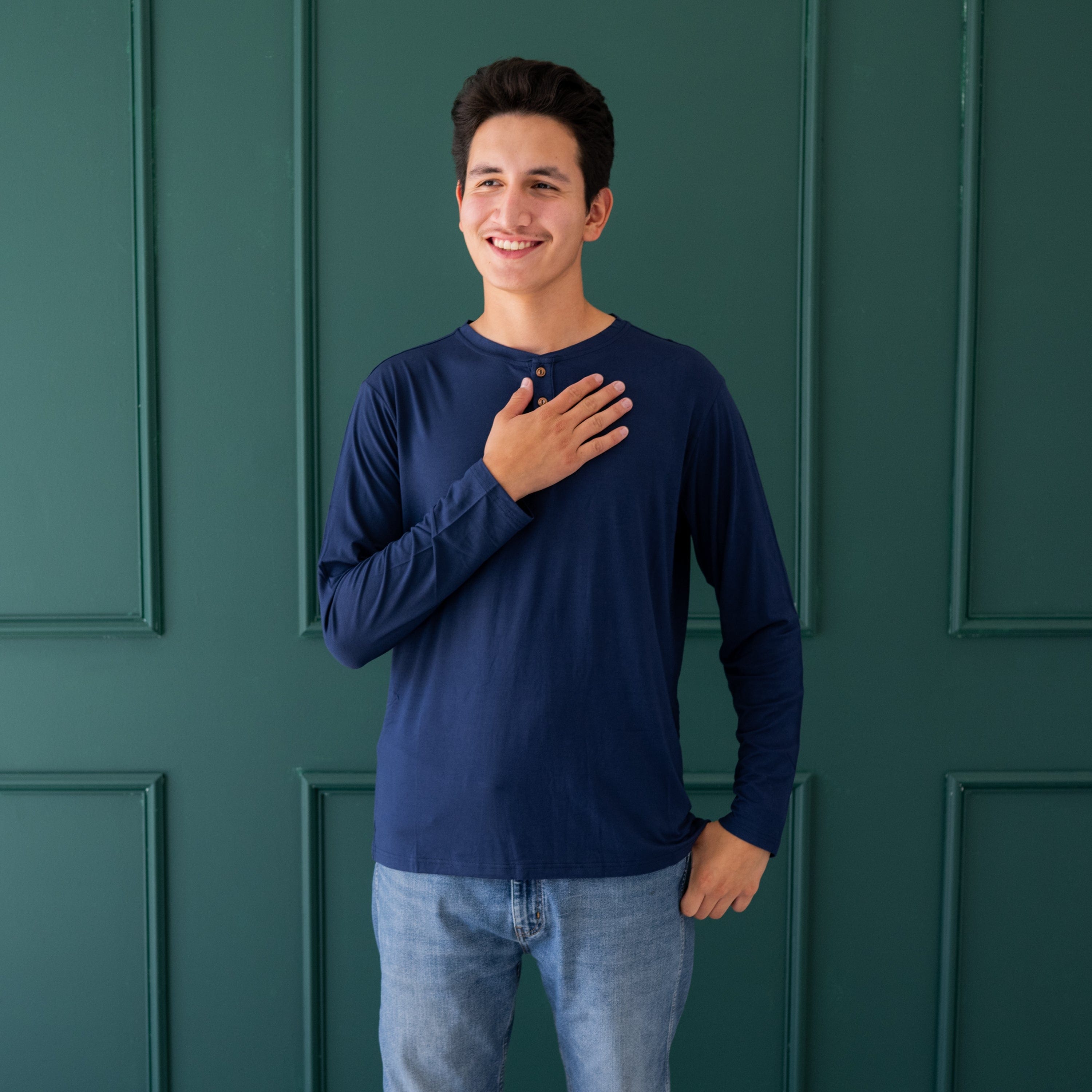 Premium Men's Long Sleeve Henley Shirt - Soft Cotton Crewneck Pullover in Navy Blue | Casual Wear, Layering & Outdoor Activities