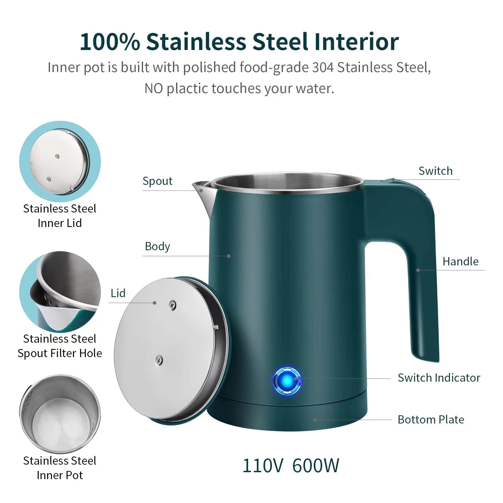 Stainless Steel Electric Kettle 0.6L - Mini Portable Travel Tea Kettle & Hot Water Boiler - Fast Heating for Camping, Office, Hotel & Business Travel - Compact & Lightweight (Green) - Perfect for Tea, Coffee, Instant Noodles & Baby Formula Preparation