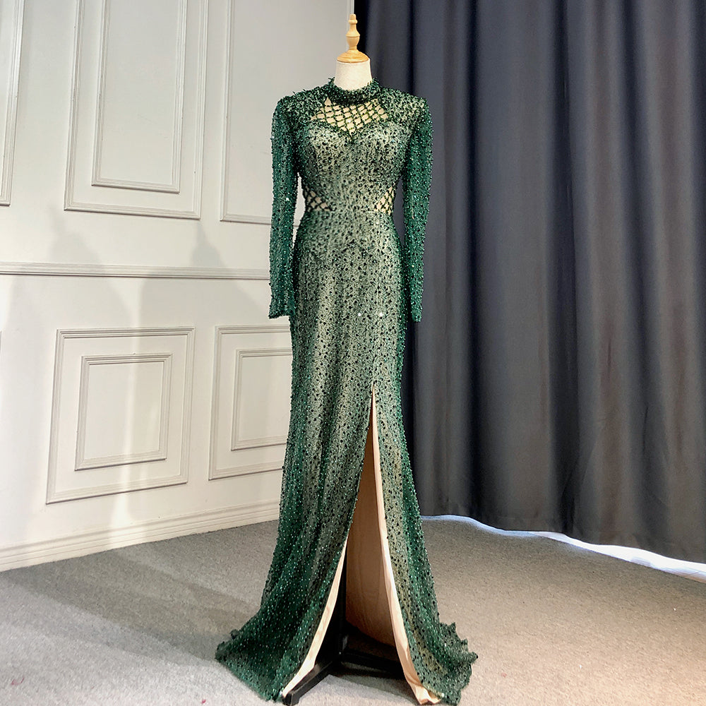 Elegant Green Mermaid Evening Gown with Pearls & High Slit - Women's Formal Party Dress for Prom, Wedding & Special Occasions - LA71693