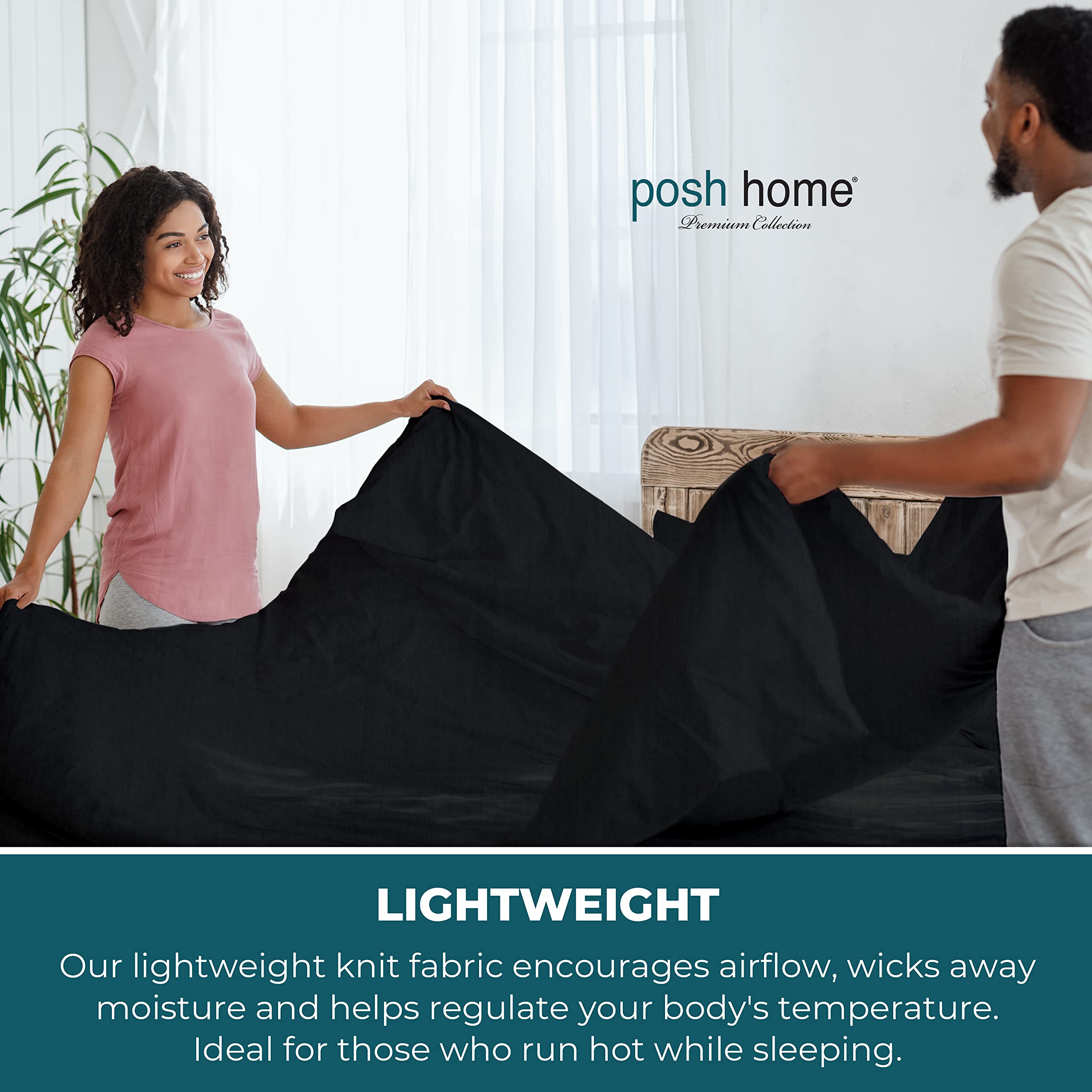 Posh Home Jersey Knit Sheet Set - 4-Piece Soft & Breathable Cotton Jersey Bed Sheets - Includes Flat Sheet, Fitted Sheet & 2 Pillowcases - California King Size, Black - Perfect for Cozy Nights & Luxurious Sleep