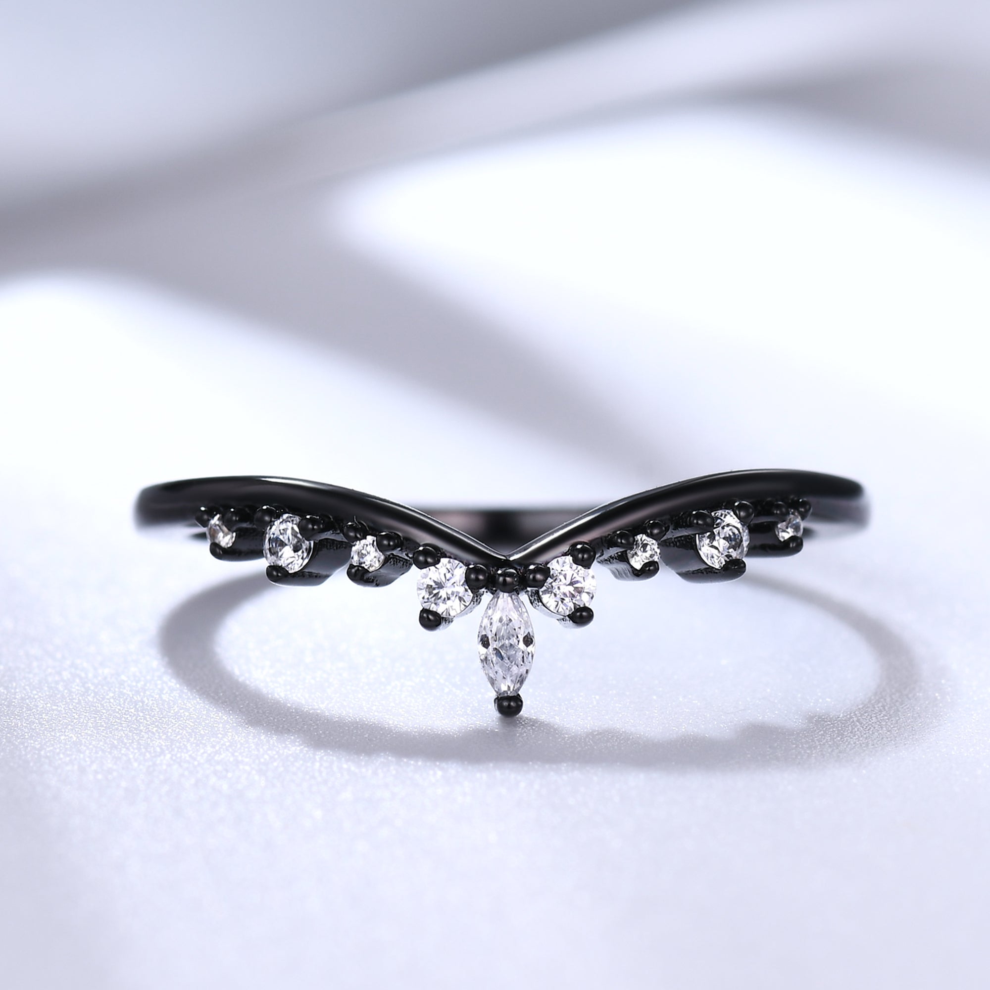 Exquisite Marquise Diamond Black Gold Wedding Ring - Elegant V Chevron Band for Women | Perfect for Engagement, Anniversary & Bridal Jewelry Gifts