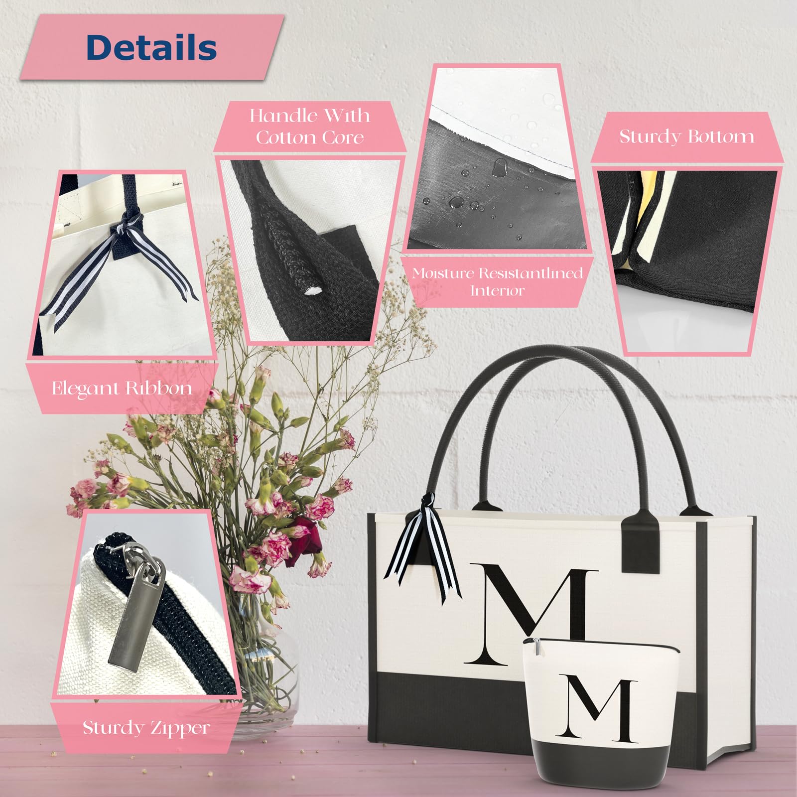 Embroidered Canvas Tote Bag with Zipper Pockets - Stylish & Durable Reusable Shopping Bag for Women - Perfect Gift for Mom, Teacher, Sister - Great for Grocery Shopping, Work, Travel & Beach