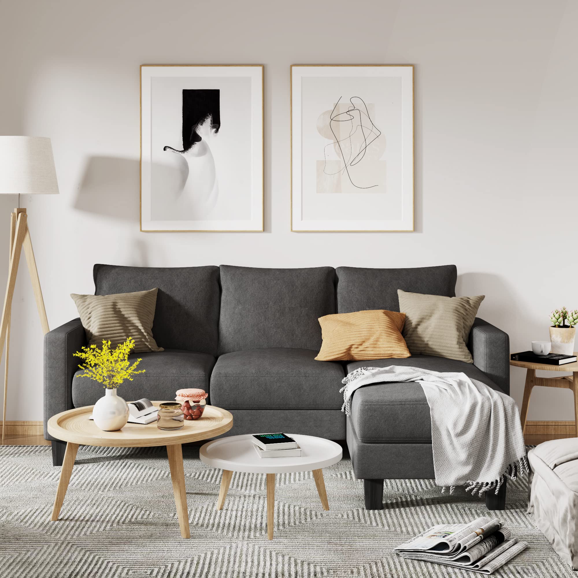 YESHOMY Convertible Sectional Sofa with Comfortable Backrest - Modern L-Shaped Couch with Cotton Fabric for Living Room, Dark Gray | Perfect for Small Spaces, Apartments & Home Theater Seating