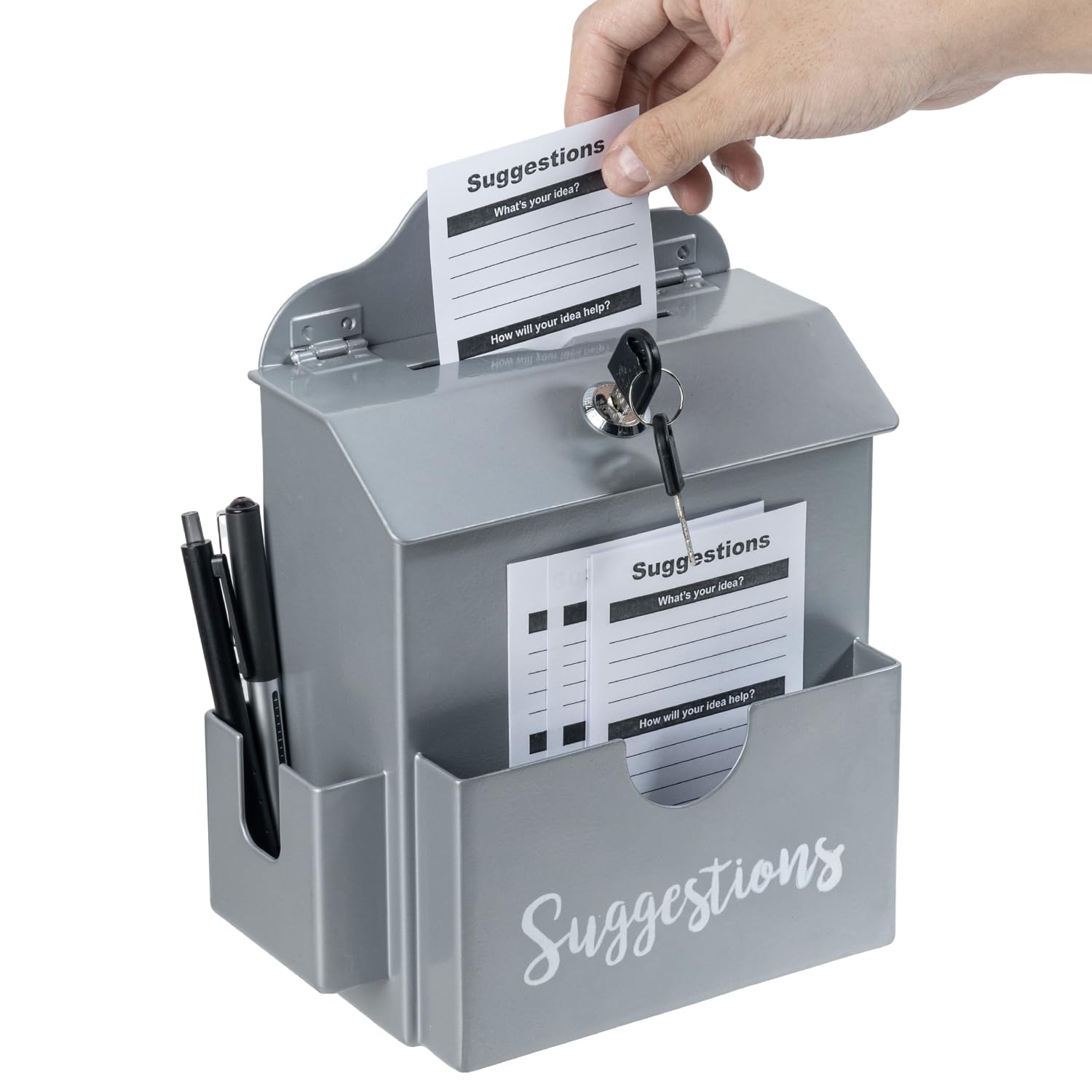 MyGift Metal Suggestion Box with Lock & Keys - Wall Mount or Tabletop Comment Box in Matte Gray - Includes Paper Sheet & Pen Holder - Perfect for Offices, Schools, and Public Spaces