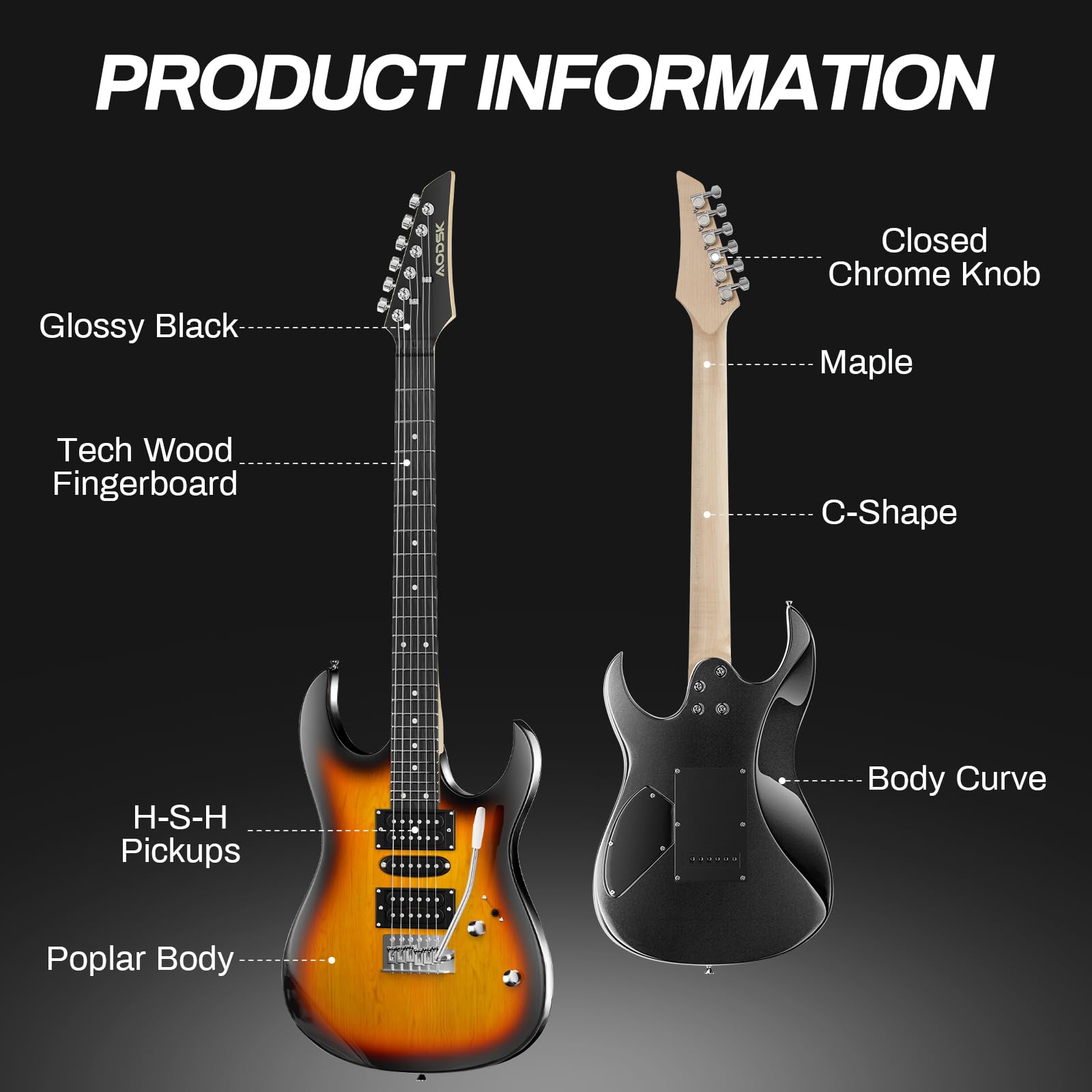 AODSK 39 Inch Full Size Solid Body Electric Guitar Starter Kit with Amp, Digital Tuner, 6 Strings, 4 Picks, Tremolo Bar, Strap & Gig Bag (Sunburst-HSH) – Perfect for Beginners, Practice, Live Performance & Home Studio Recording