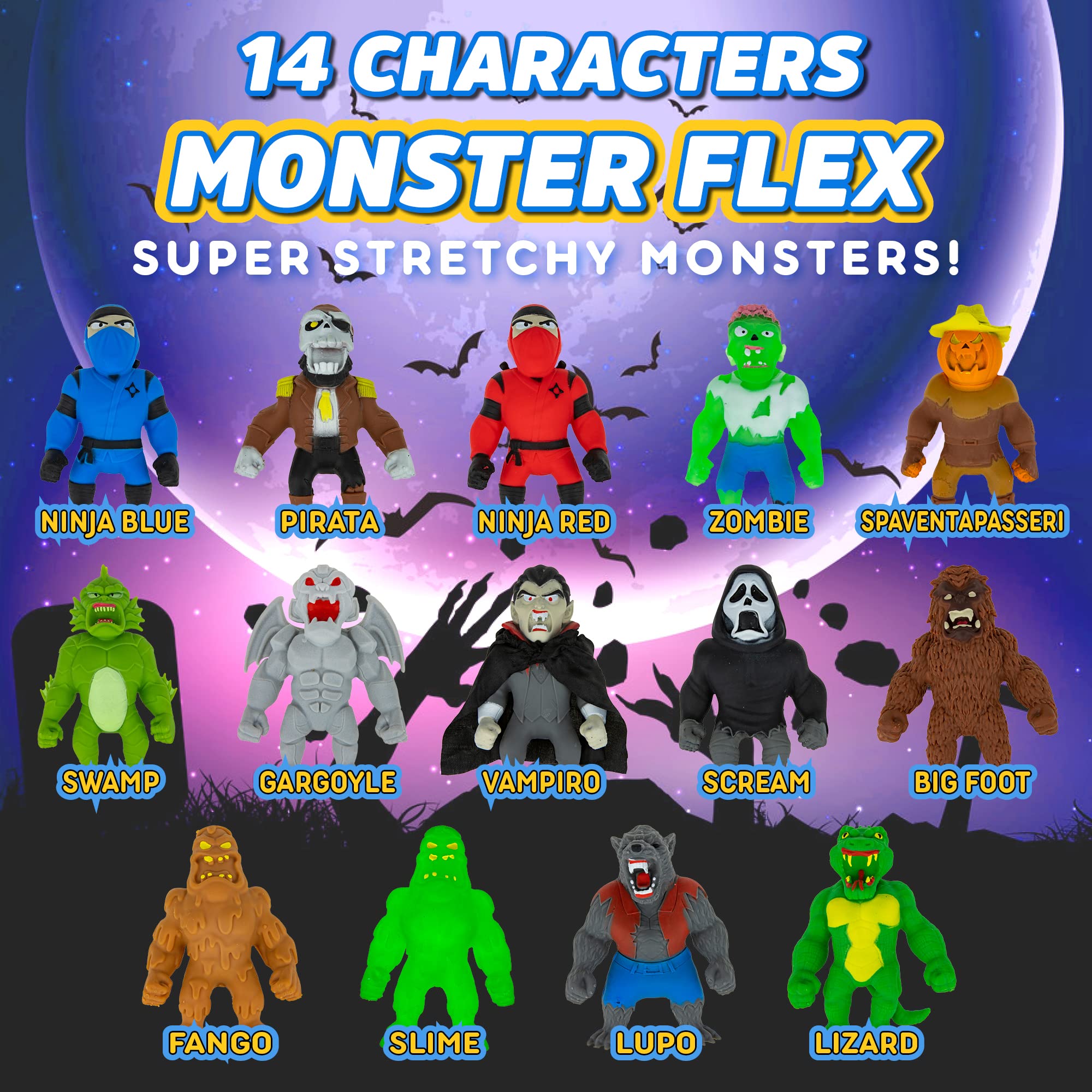 Monster Flex Stretchy Toys for Kids - 14 Unique Spooky Stretch Monsters Sensory Fidget Stress Relief Toys for Boys & Girls | Perfect for Birthday Gifts, Party Favors, Classroom Rewards & Anxiety Relief | Series 2 Reptile Man Edition