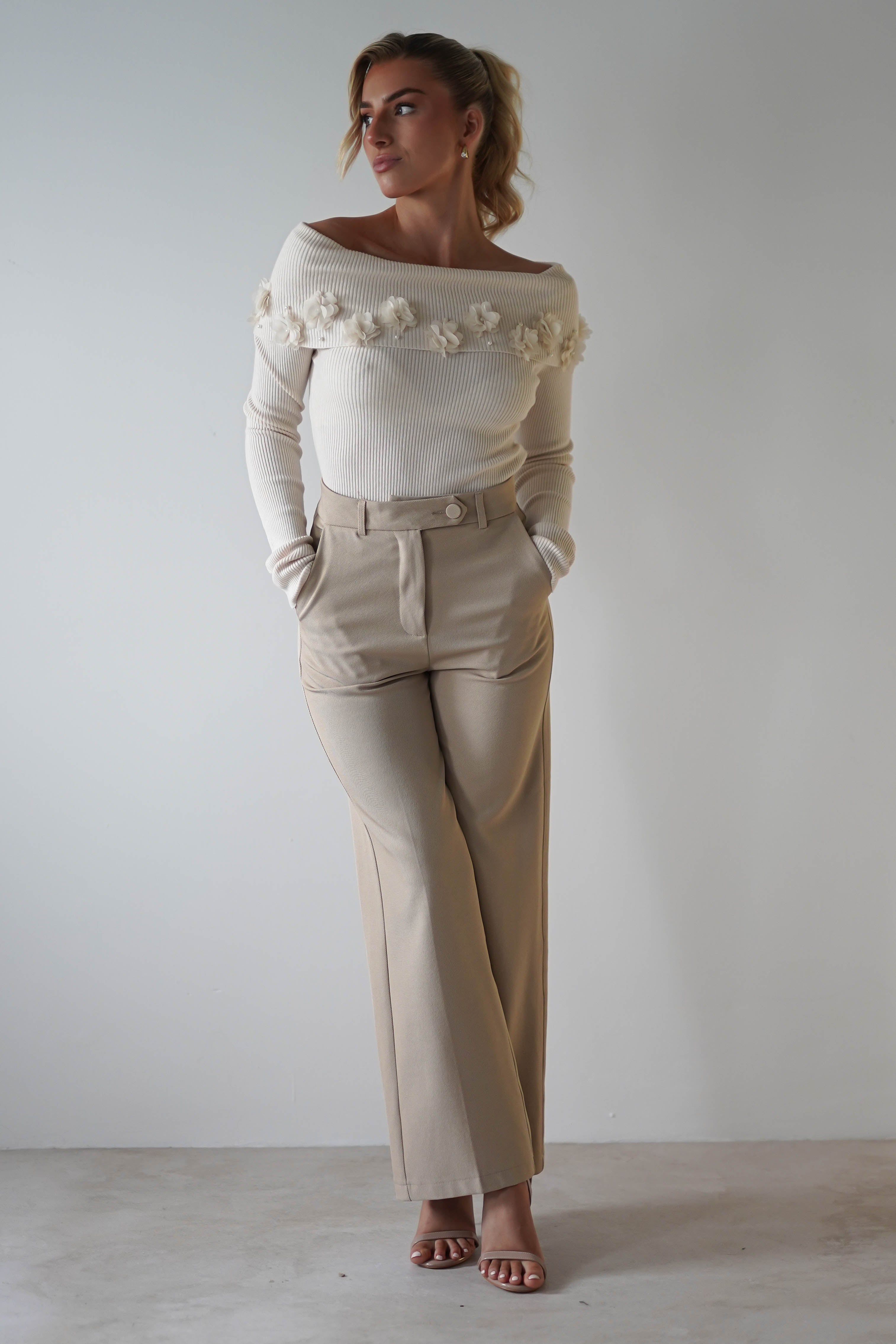 Carey Tailored Women's Pants - Cream Color High Waist Slim Fit Office Work Pants for Professional Women | Perfect for Business Meetings, Office Wear & Formal Occasions