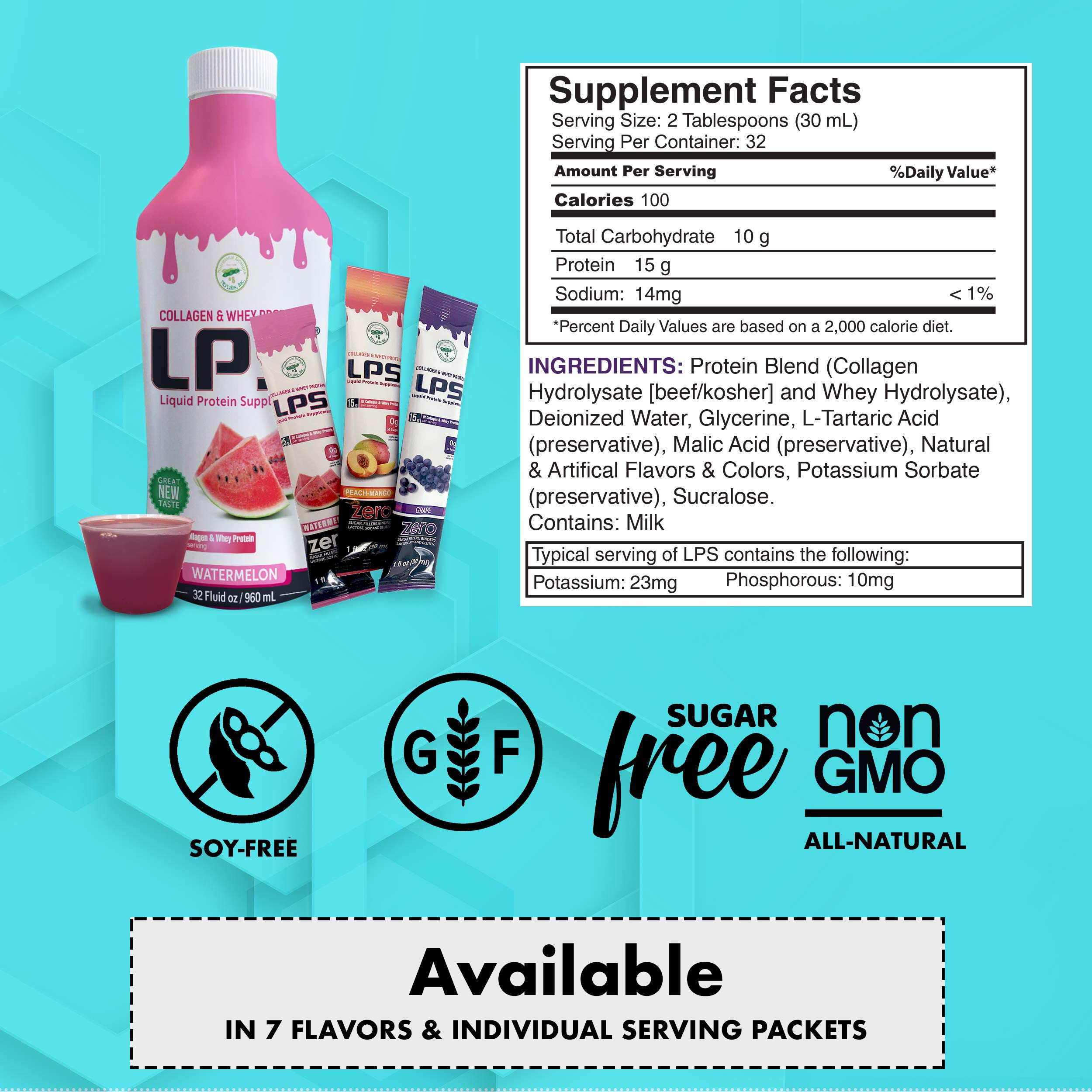 Nutritional Designs LPS Liquid Collagen & Whey Protein Powder Supplement - Sugar Free, Non-GMO Drink for Healthy Skin, Hair & Joint Support - Watermelon Flavor (100 Single Serve Packets) | Perfect for Post-Workout Recovery, Beauty Routine & Daily Wellness Boost