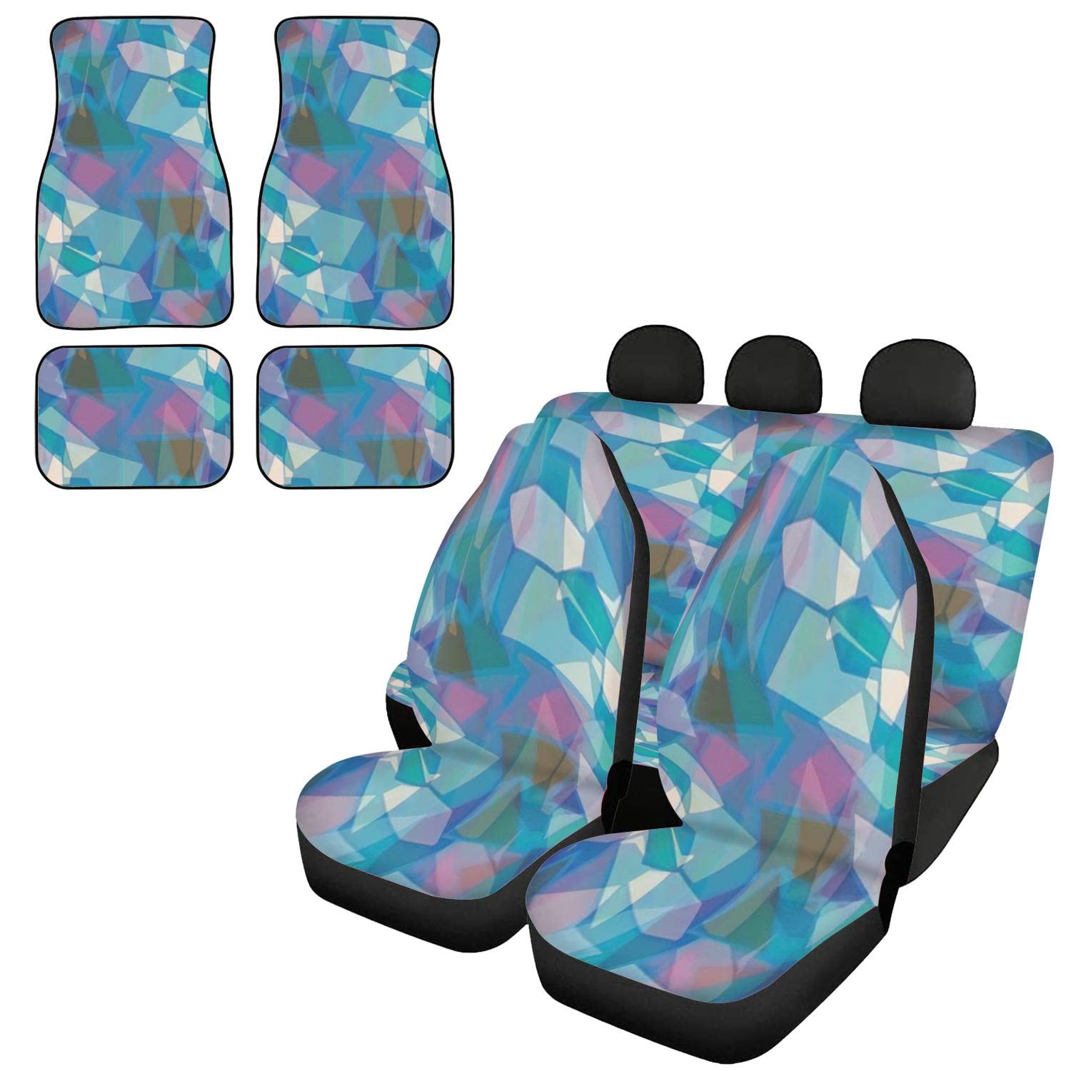 Abstract Color Seamless 4-Piece Universal Car Seat Covers Set with Floor Mats - Full Protection for Front & Rear Seats & Headrests - Perfect for Auto Interior Decoration & Vehicle Protection