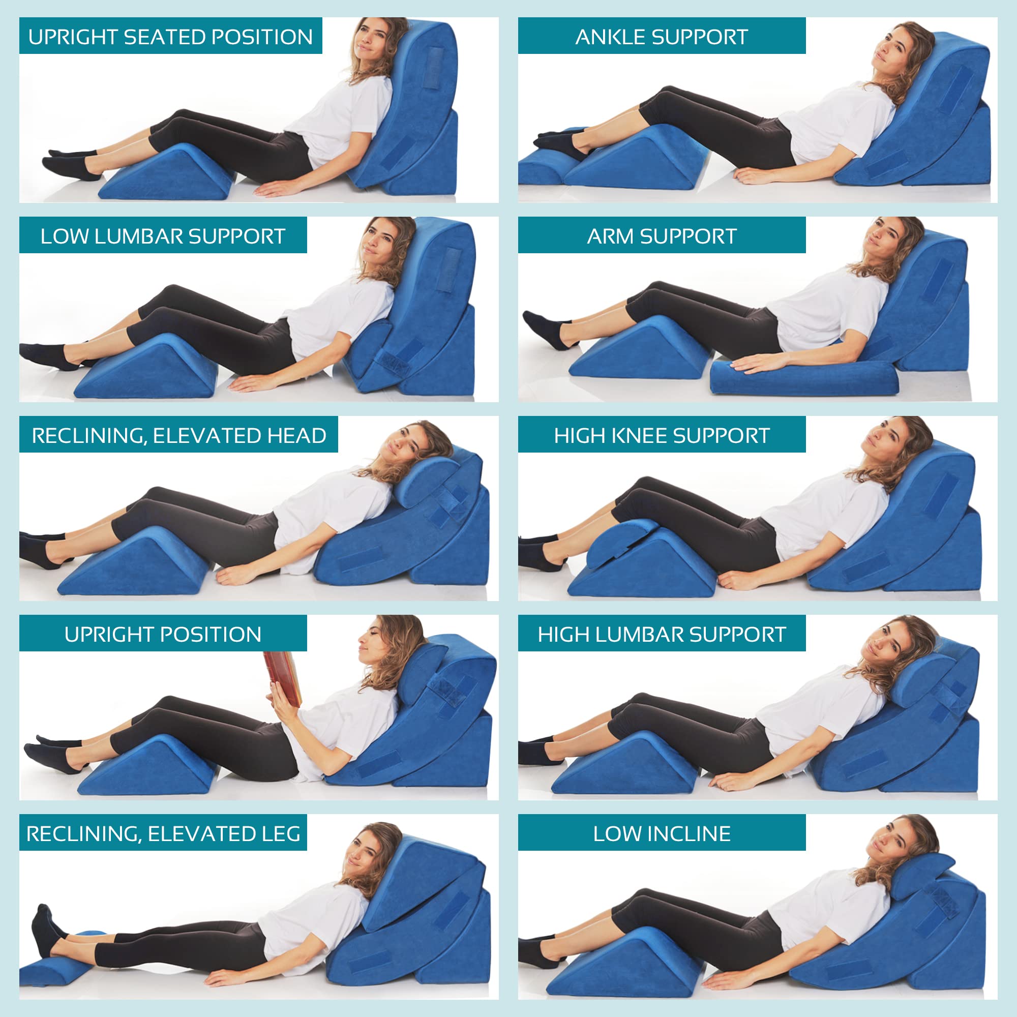 AllSett Health 4-Piece Orthopedic Bed Wedge Pillow Set with Memory Foam - Multi-Angle Support for Back, Neck, Shoulder & Leg Pain Relief - Machine Washable Cover - Perfect for Sleeping, Reading & Post-Surgery Recovery