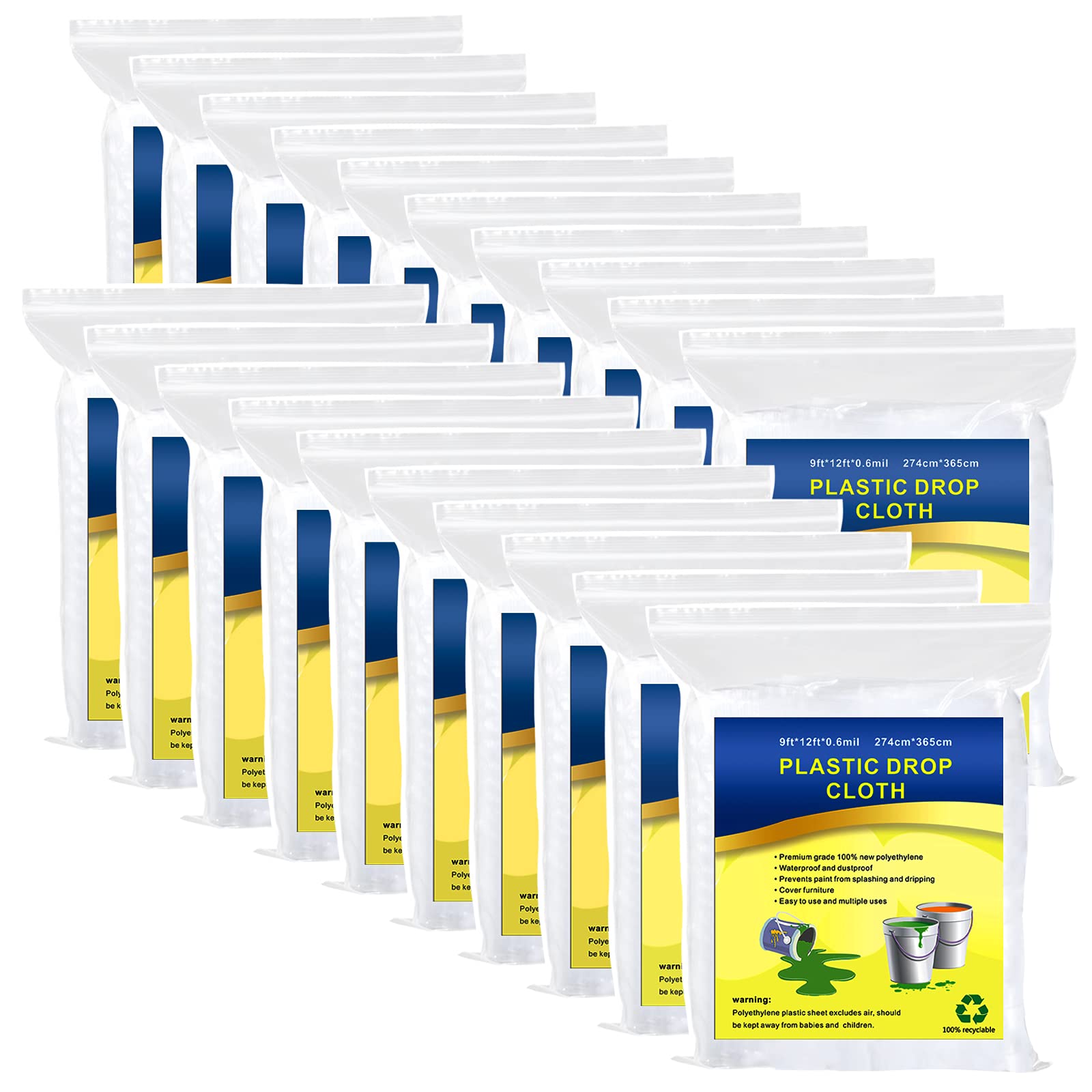20 Pack 9x12 Feet Waterproof Plastic Drop Cloths - Heavy Duty Painting Tarps, Dust Proof Furniture Covers for Indoor/Outdoor Use - DIY Projects, Home Renovation, Floor Protection & More