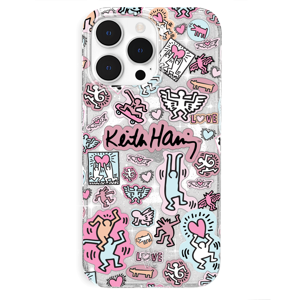 Keith Haring Pastel Glitter iPhone Case - Trendy Protective Cover for iPhone 11/12/13/14/15 Pro Max - Cute Artistic Design for Everyday Use & Gift Giving